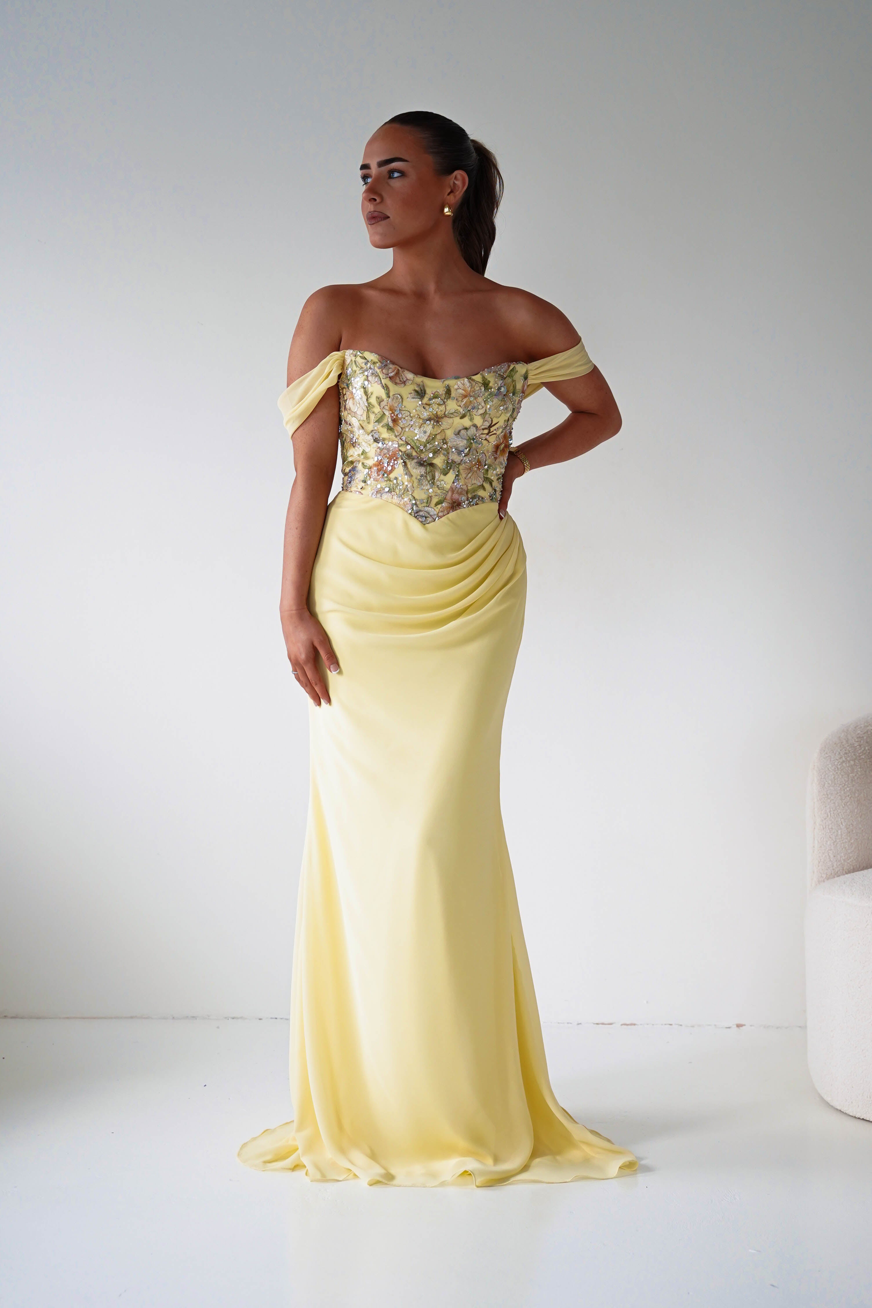 Oh Hello Clothing Dresses > Prom Dresses Honey Embellished Chiffon Gown | Yellow