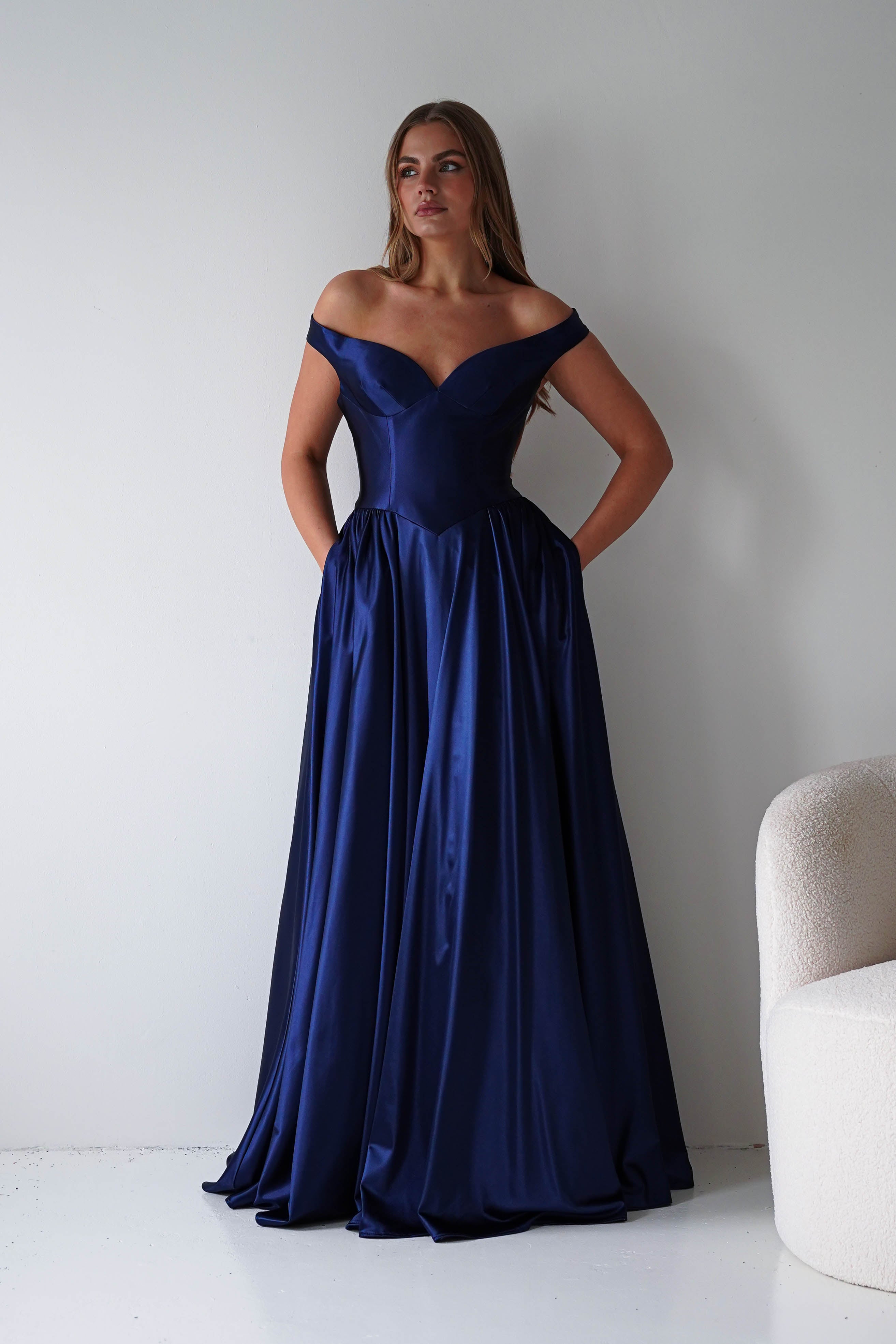 Oh Hello Clothing Dresses > Prom Dresses Irenia Off The Shoulder Structured Maxi Gown | Navy