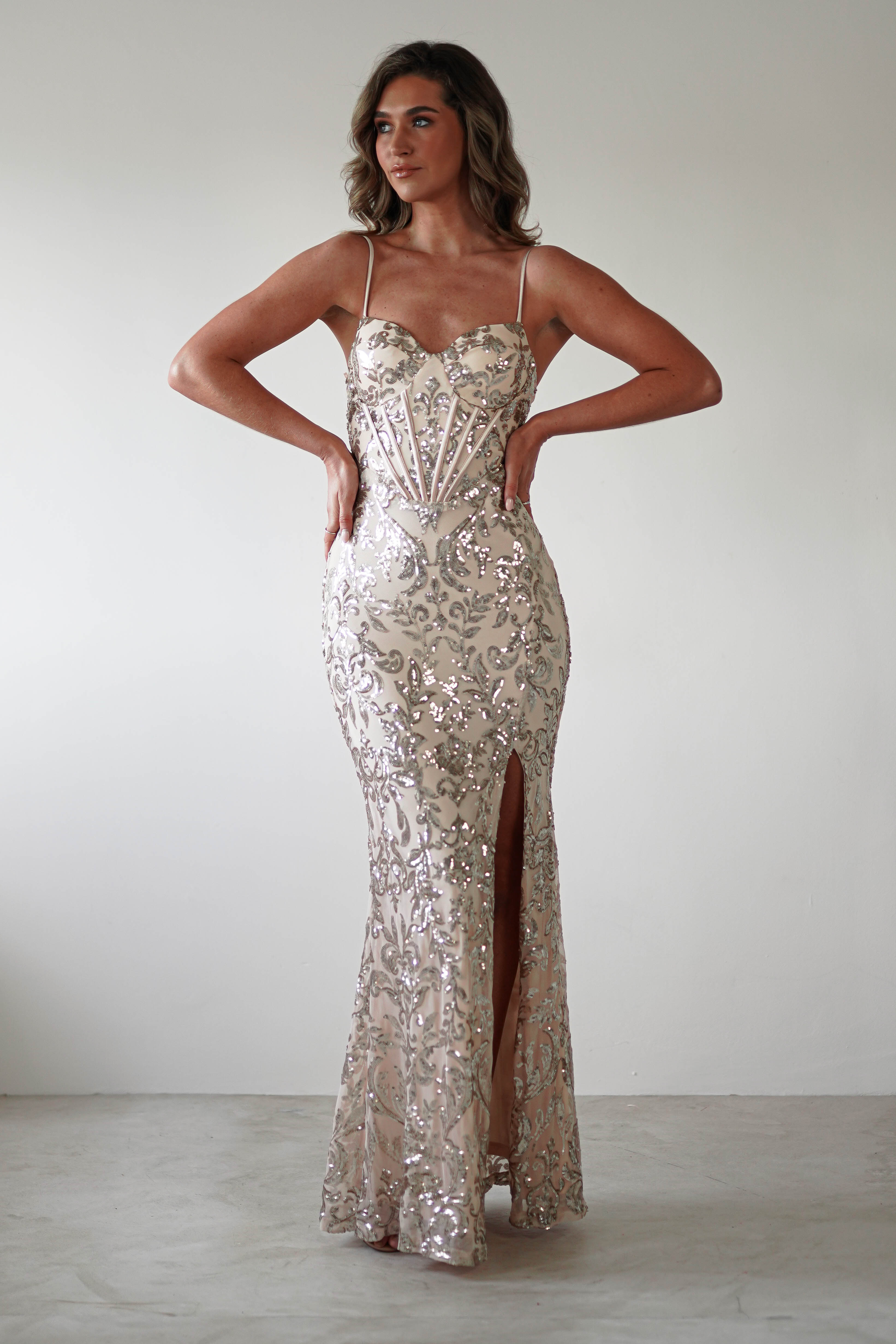 Isabel Sequin Corset Gown | Champagne Gold | Debs & Prom | Formal Gown | Oh Hello Clothing
