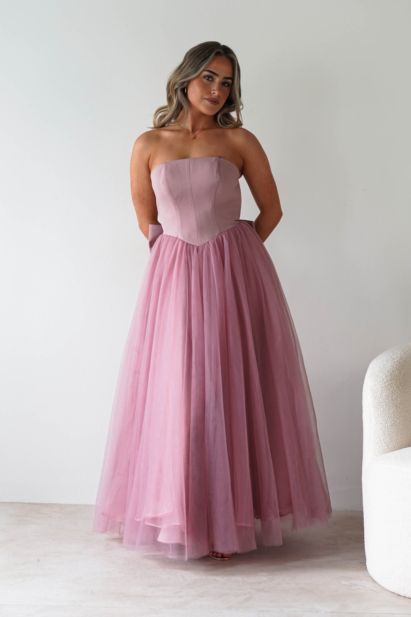 Jasalina Tulle Gown With Bow | Blush Pink | Debs & Prom | Formal Gown | Oh Hello Clothing
