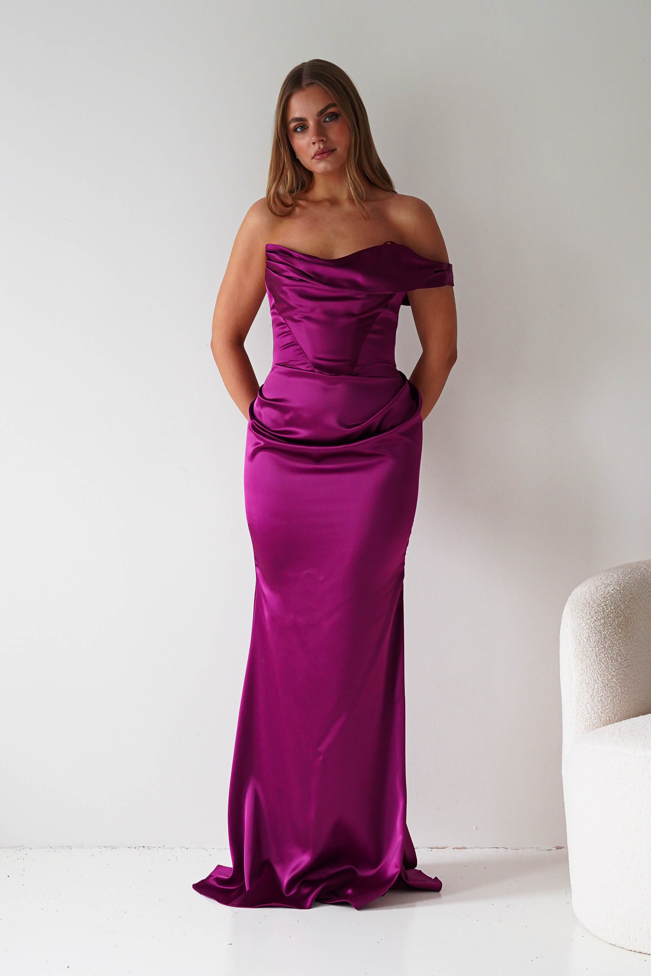 Oh Hello Clothing Dresses > Prom Dresses Jessel Satin One Shoulder Draped Maxi Gown | Berry