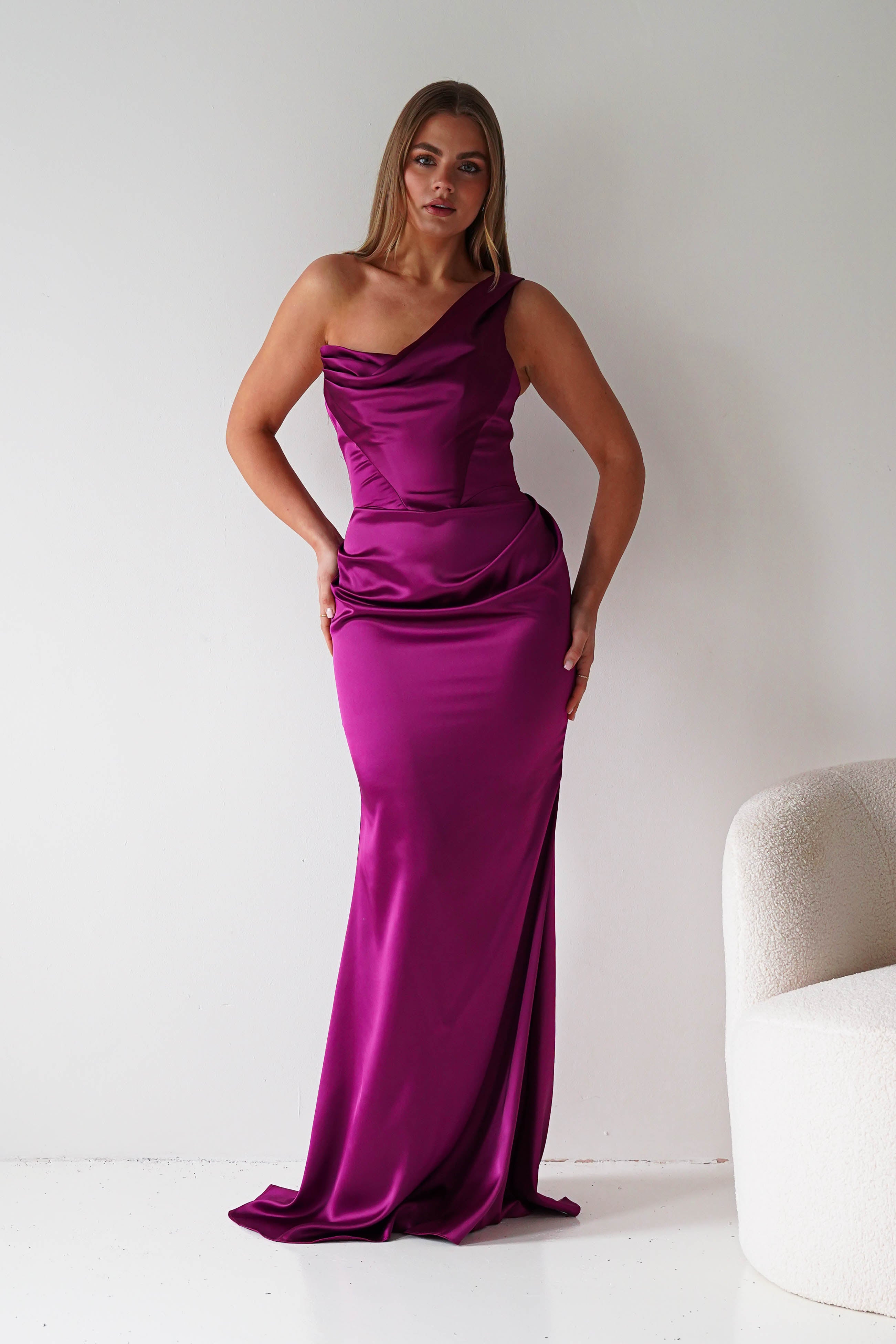 Oh Hello Clothing Dresses > Prom Dresses Jessel Satin One Shoulder Draped Maxi Gown | Berry