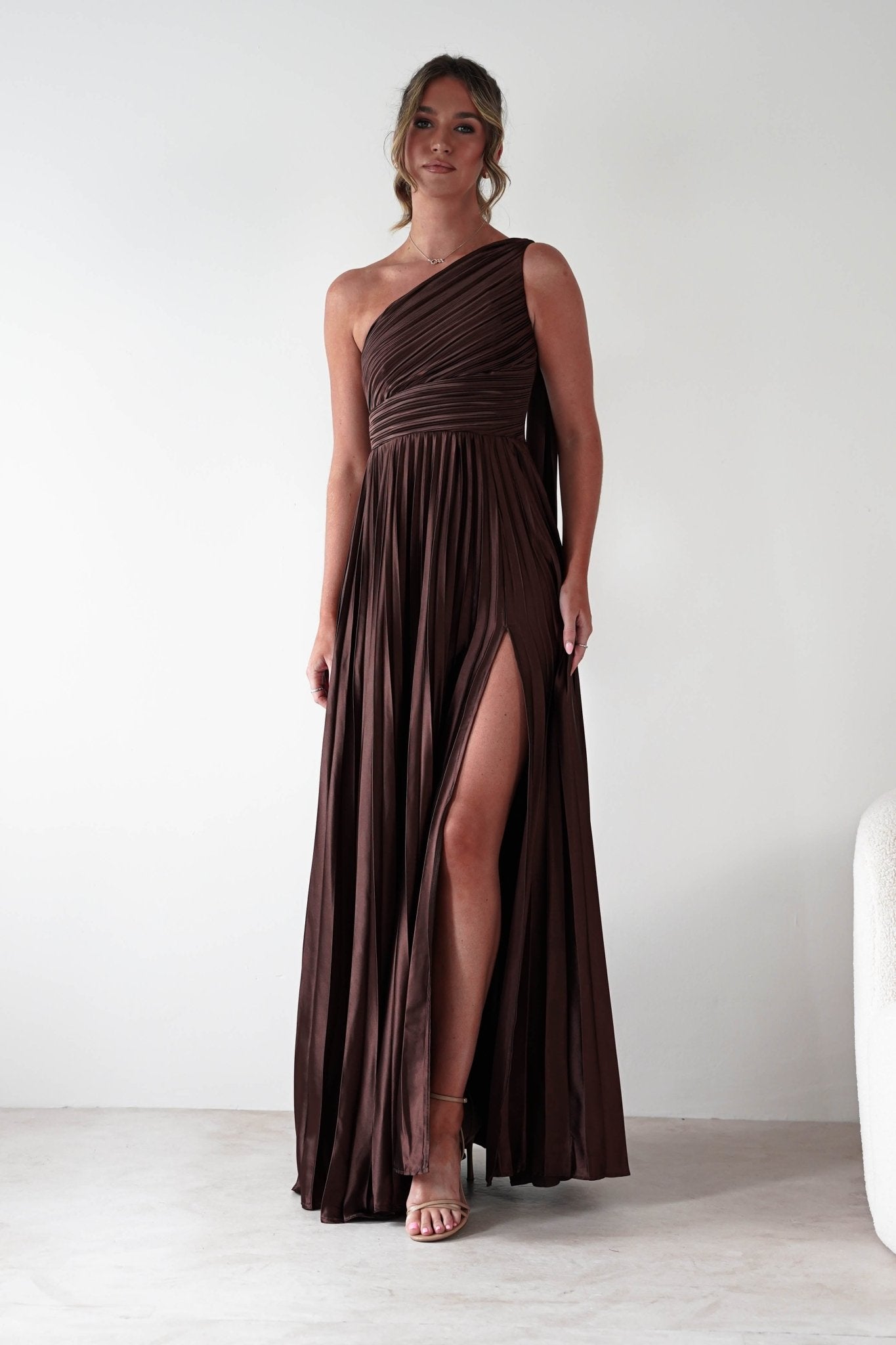 Jianna Peated Maxi Dress Brown | Wedding Guest Dress | Maxi | Oh Hello Clothing
