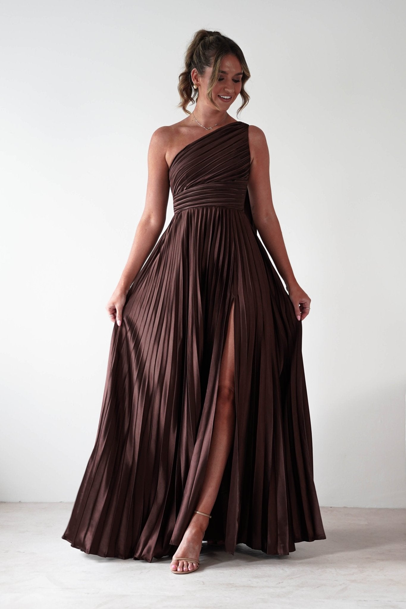 Jianna Peated Maxi Dress Brown | Wedding Guest Dress | Maxi | Oh Hello Clothing