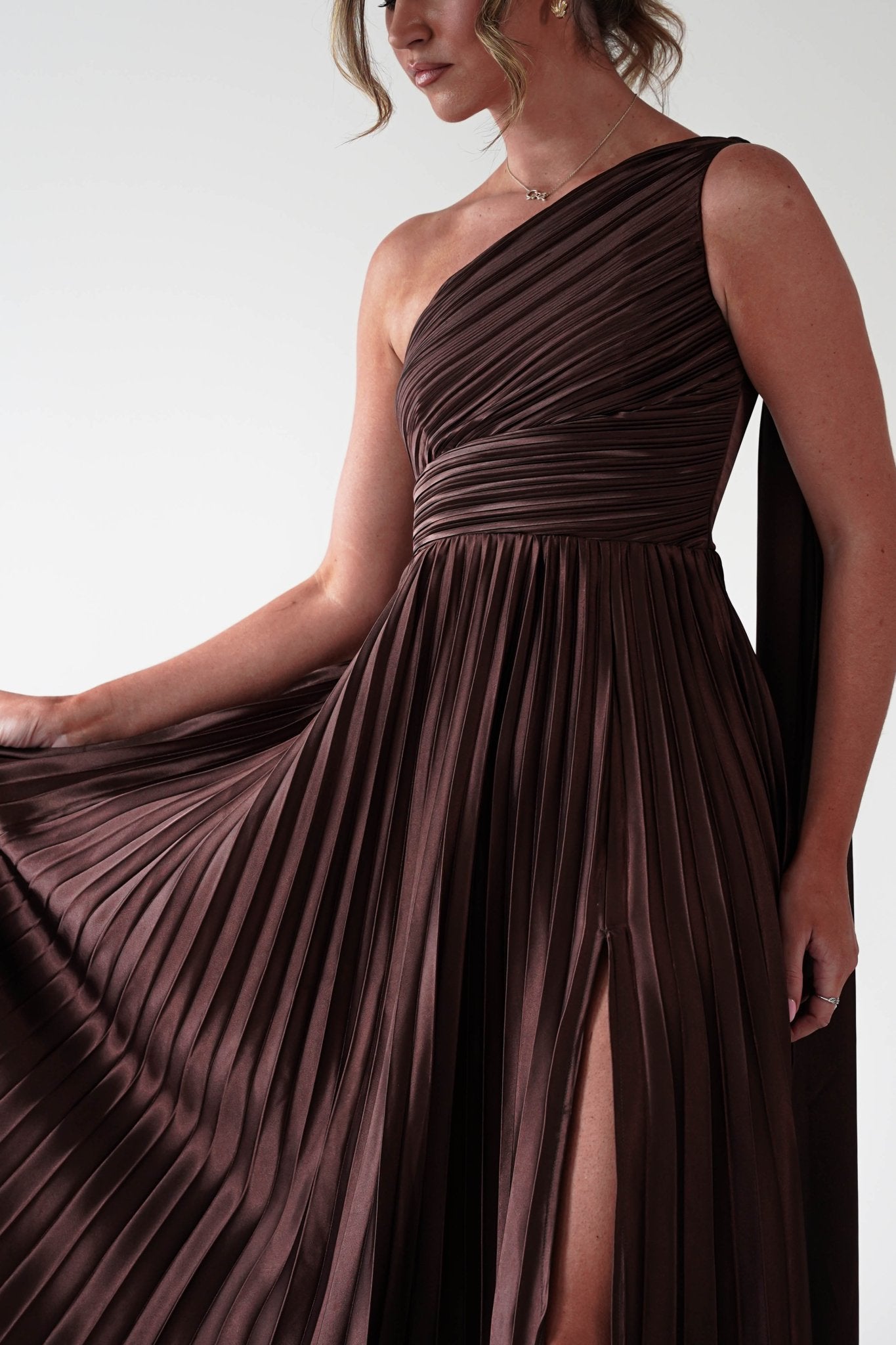 Jianna Peated Maxi Dress Brown | Wedding Guest Dress | Maxi | Oh Hello Clothing