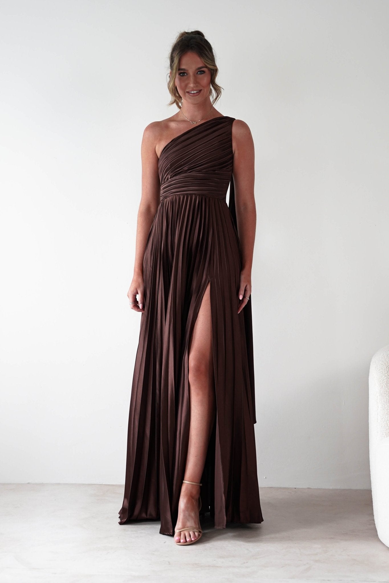 Jianna Peated Maxi Dress Brown | Wedding Guest Dress | Maxi | Oh Hello Clothing
