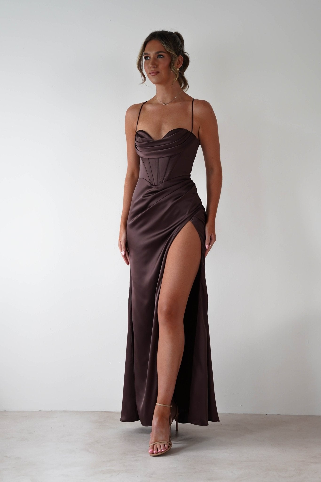 Julianne High Slit Corset Satin Gown | Brown | Debs & Prom | Formal Gown | Oh Hello Clothing