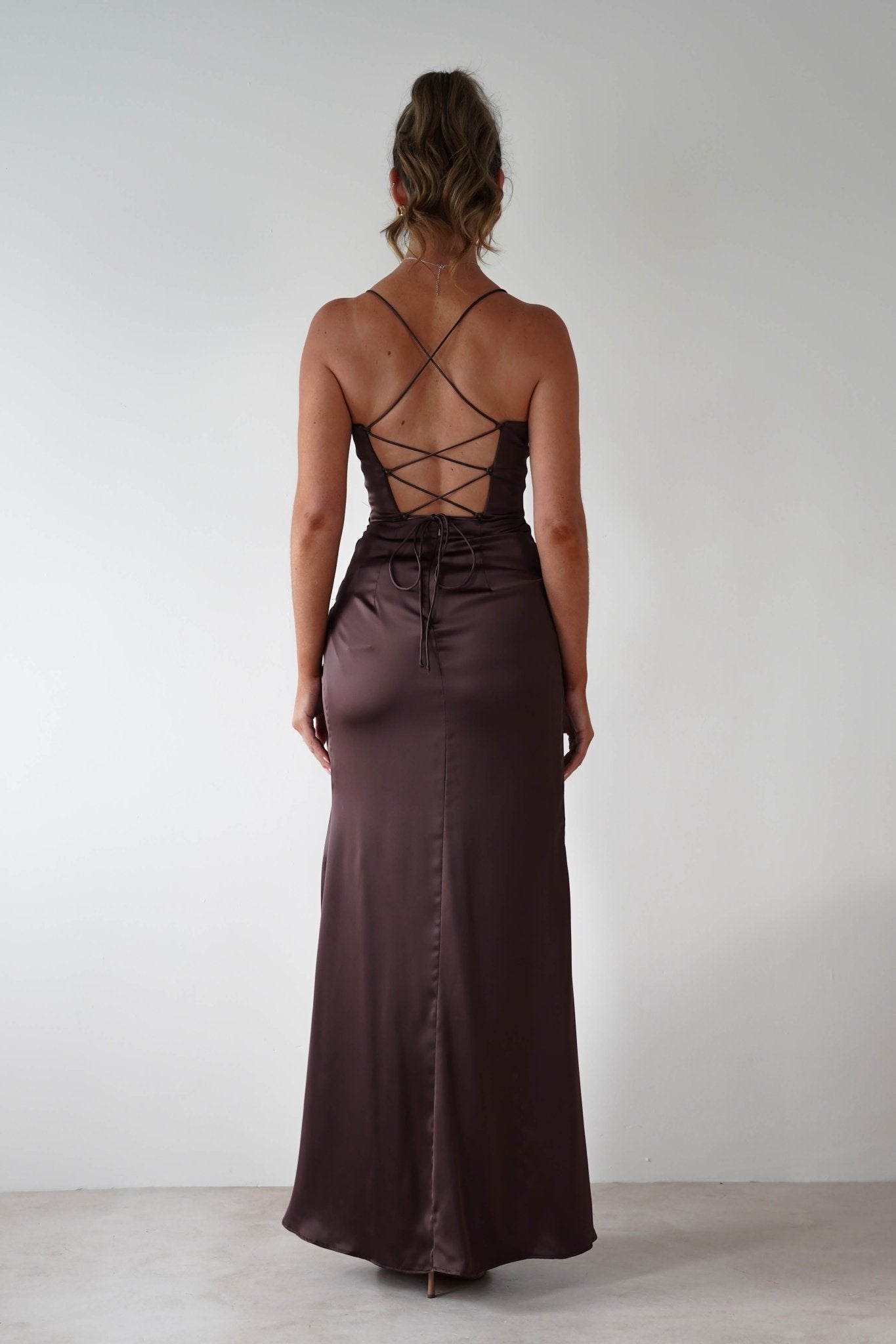 Julianne High Slit Corset Satin Gown | Brown | Debs & Prom | Formal Gown | Oh Hello Clothing