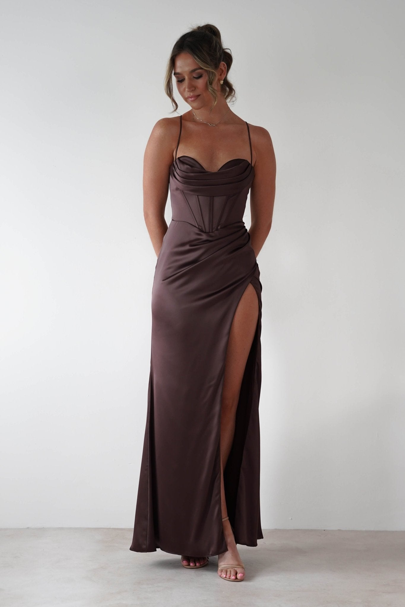 Julianne High Slit Corset Satin Gown | Brown | Debs & Prom | Formal Gown | Oh Hello Clothing