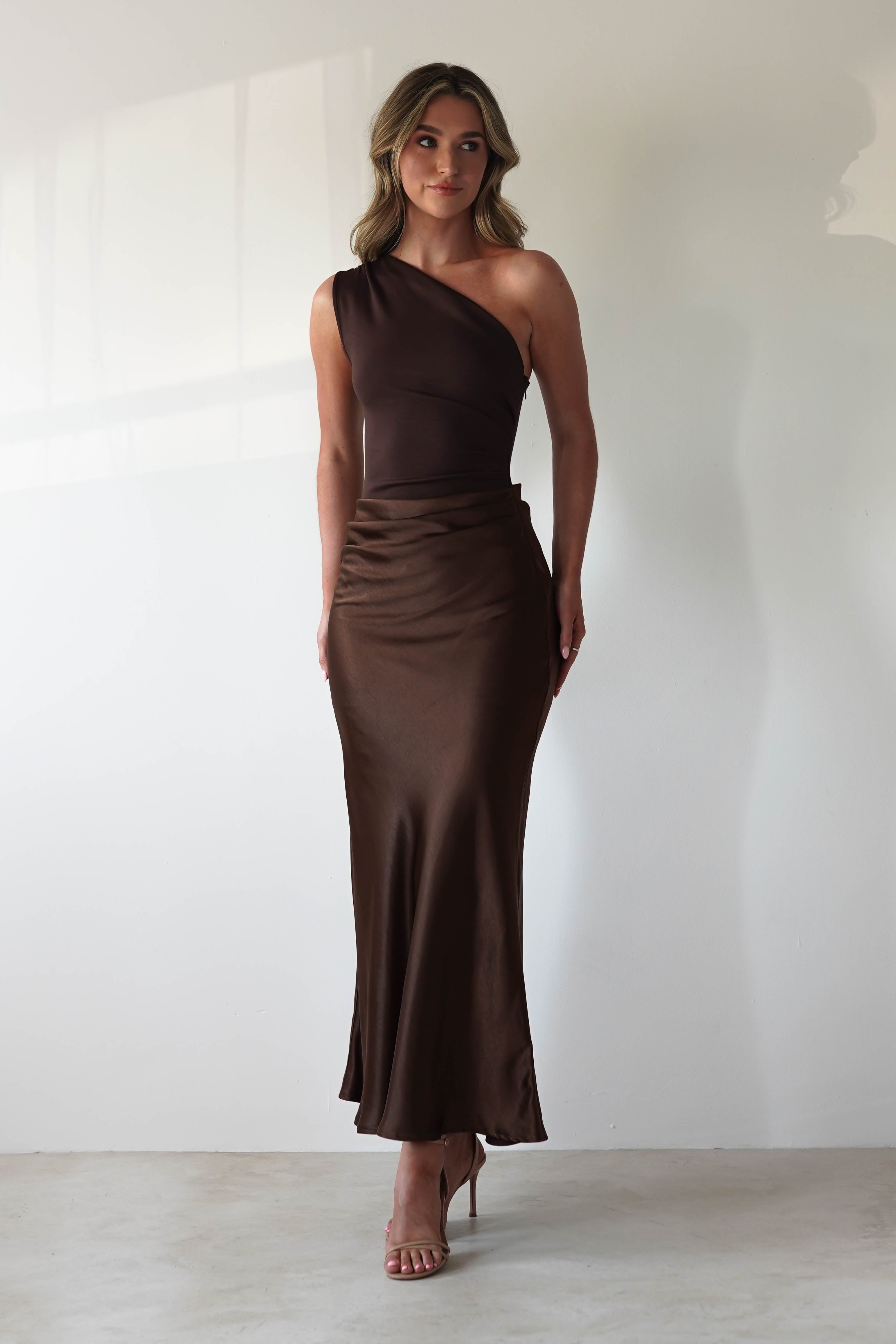 Kashia Draped Satin Maxi Dress Brown | Black Tie Evening Dress | Draped Skirt | Maxi | Oh Hello Clothing