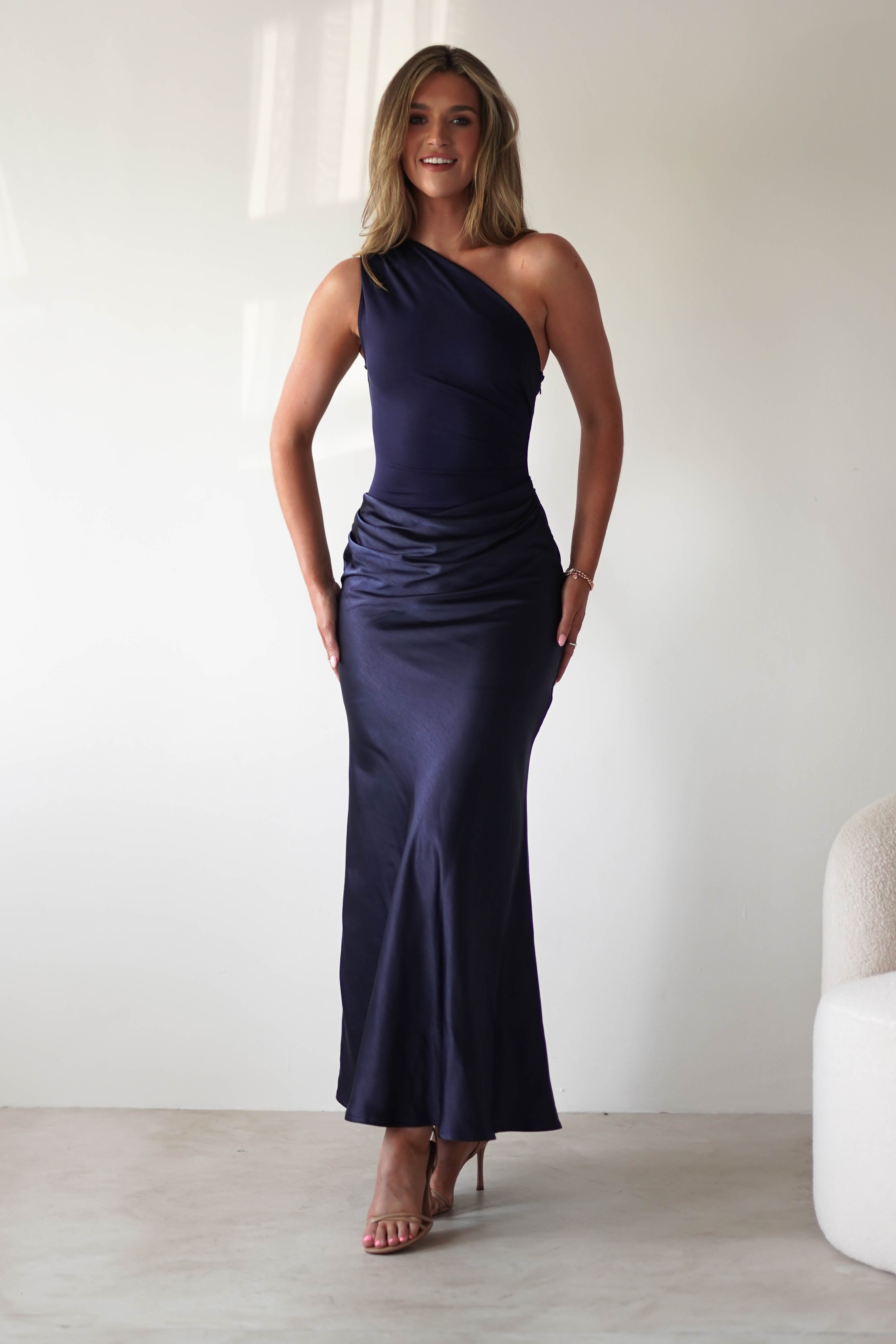 Kashia Draped Satin Maxi Dress Navy | Black Tie Evening Dress | Draped Skirt | Maxi | Oh Hello Clothing