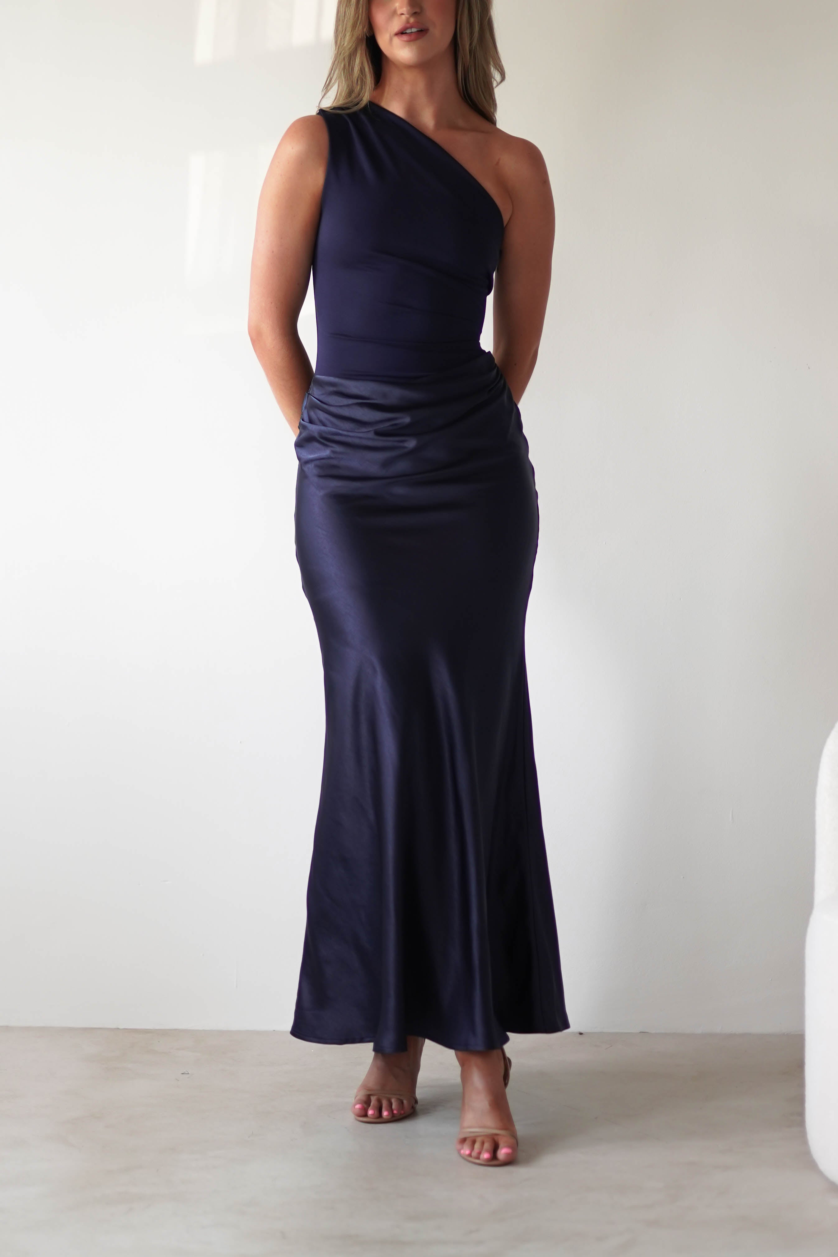 Kashia Draped Satin Maxi Dress Navy | Black Tie Evening Dress | Draped Skirt | Maxi | Oh Hello Clothing