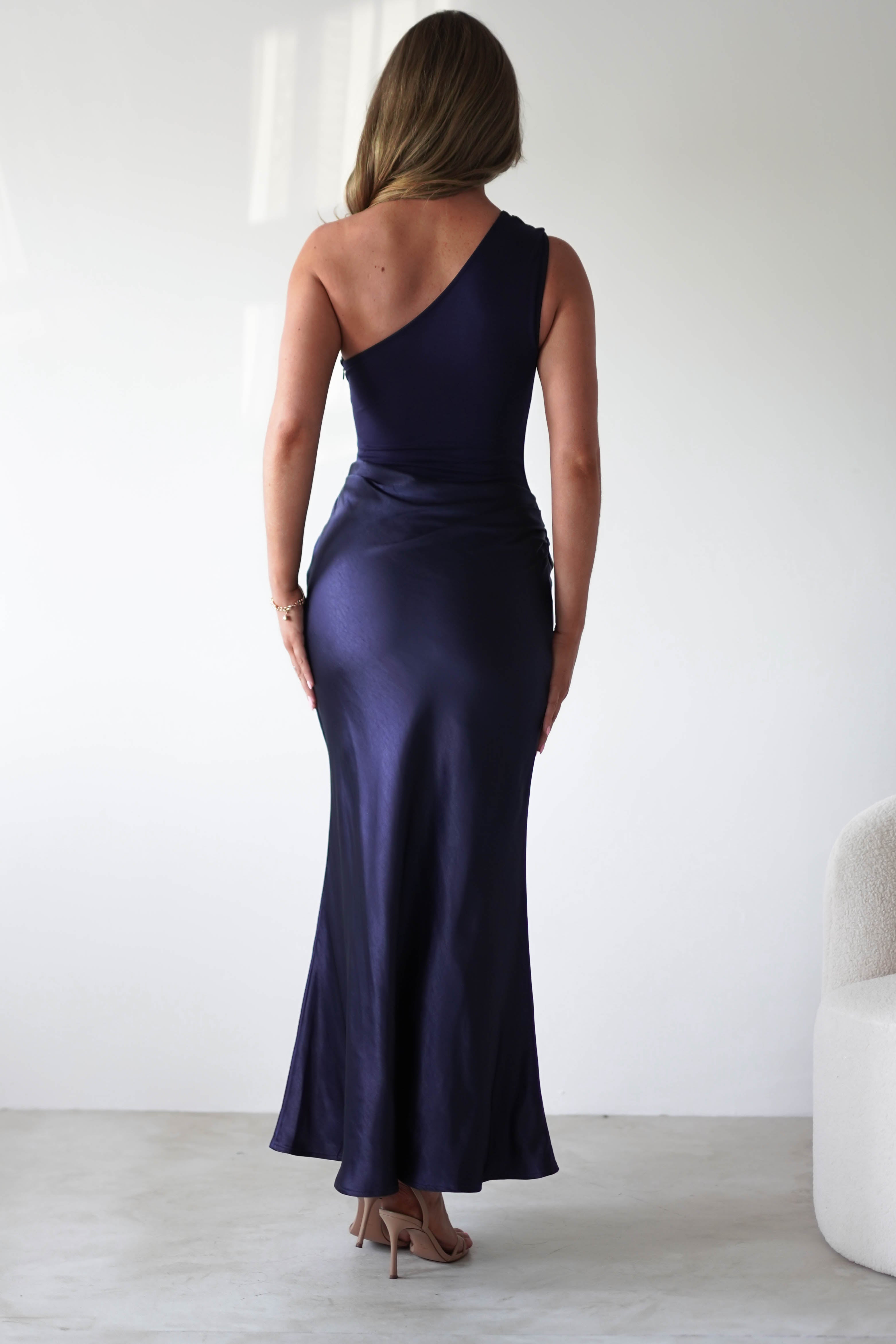 Kashia Draped Satin Maxi Dress Navy | Black Tie Evening Dress | Draped Skirt | Maxi | Oh Hello Clothing