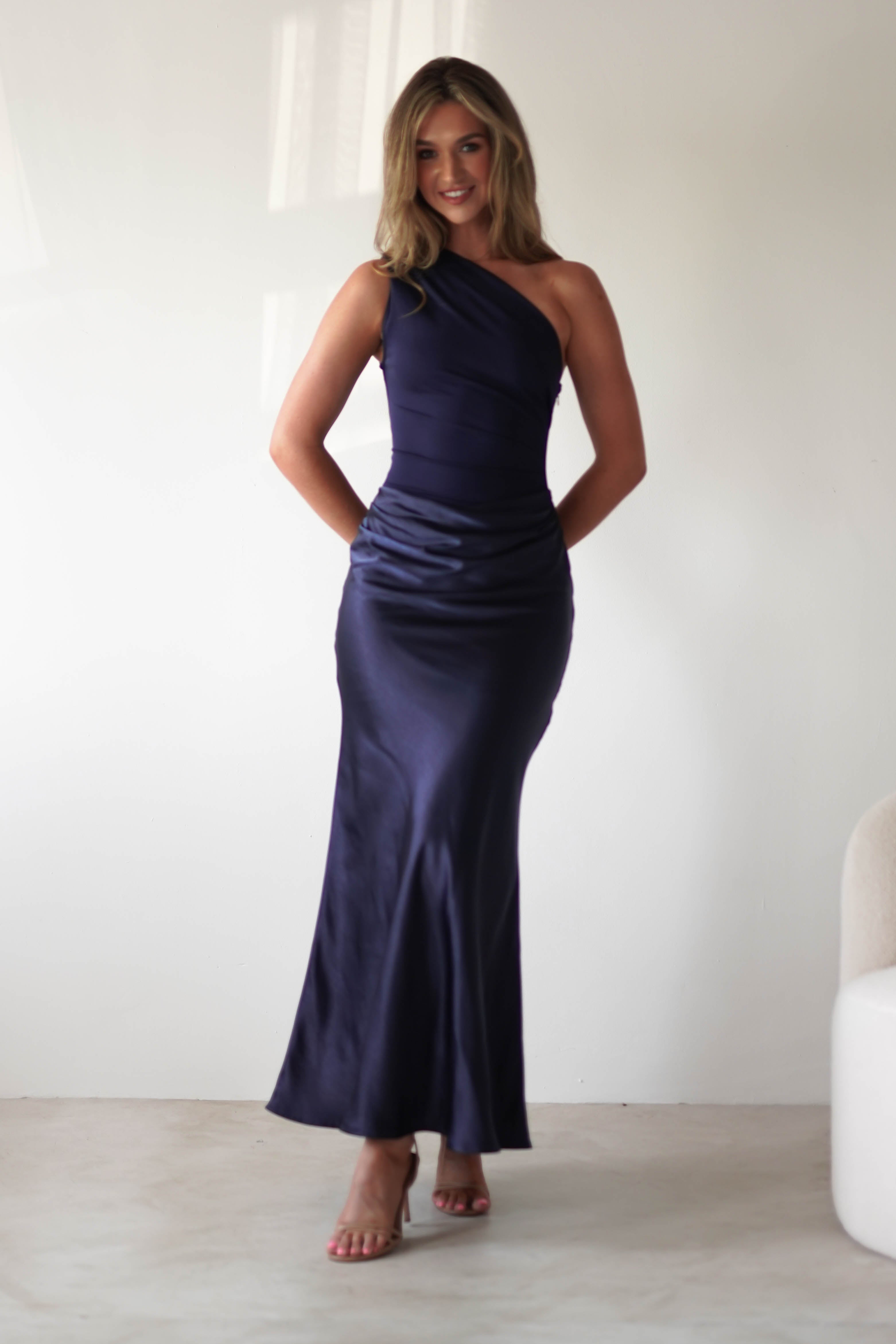 Kashia Draped Satin Maxi Dress Navy | Black Tie Evening Dress | Draped Skirt | Maxi | Oh Hello Clothing