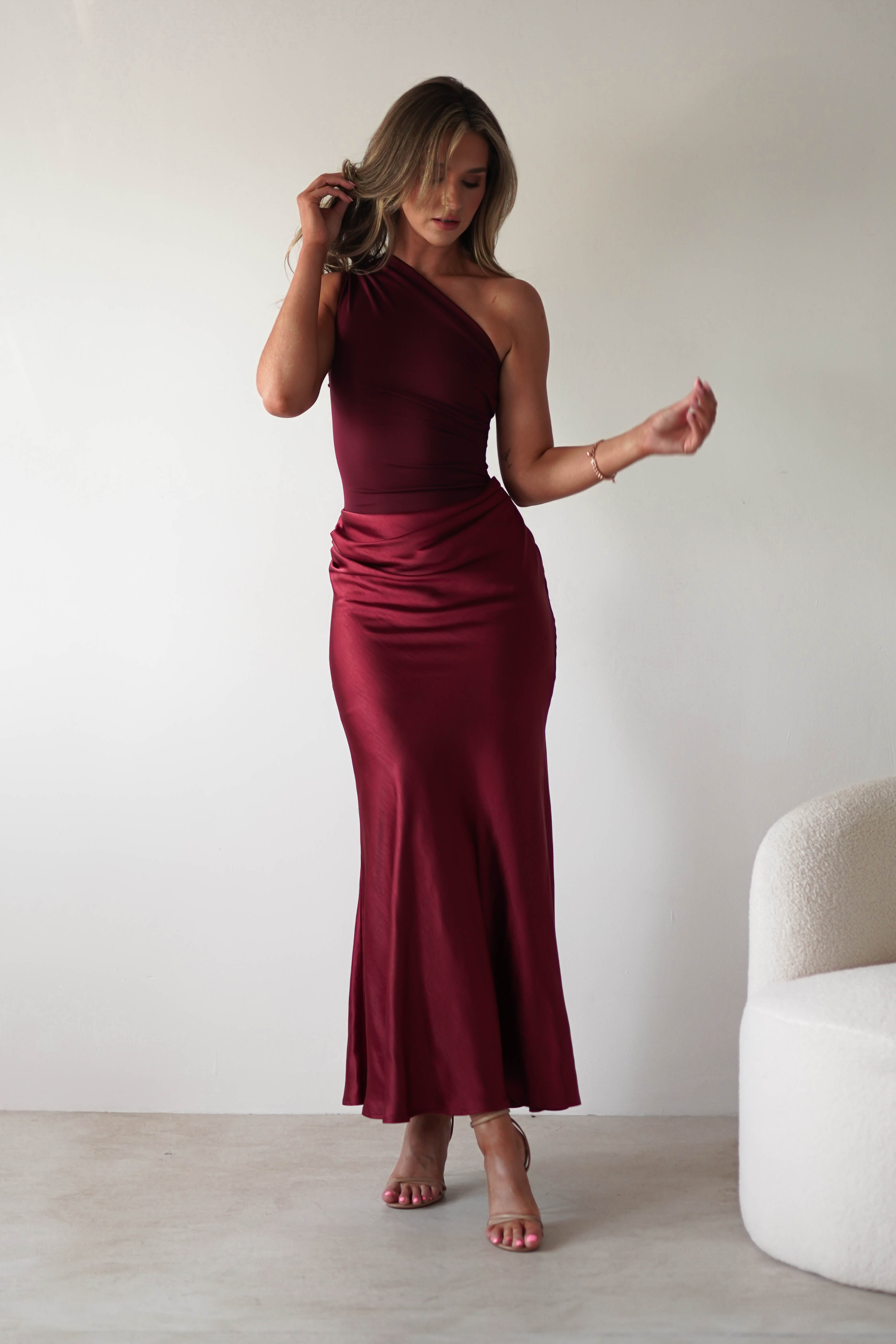 Kashia Draped Satin Maxi Dress Wine | Wedding Guest Dress | Draped Skirt | Maxi | Oh Hello Clothing