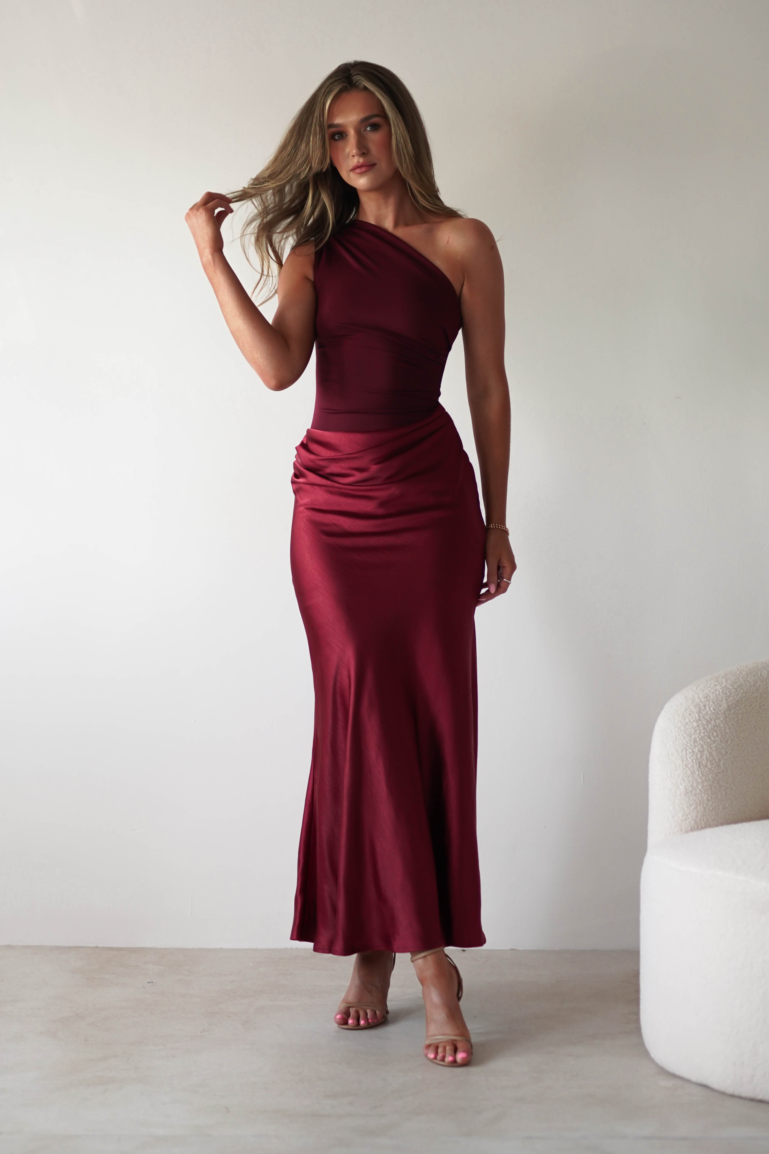 Kashia Draped Satin Maxi Dress Wine | Wedding Guest Dress | Draped Skirt | Maxi | Oh Hello Clothing