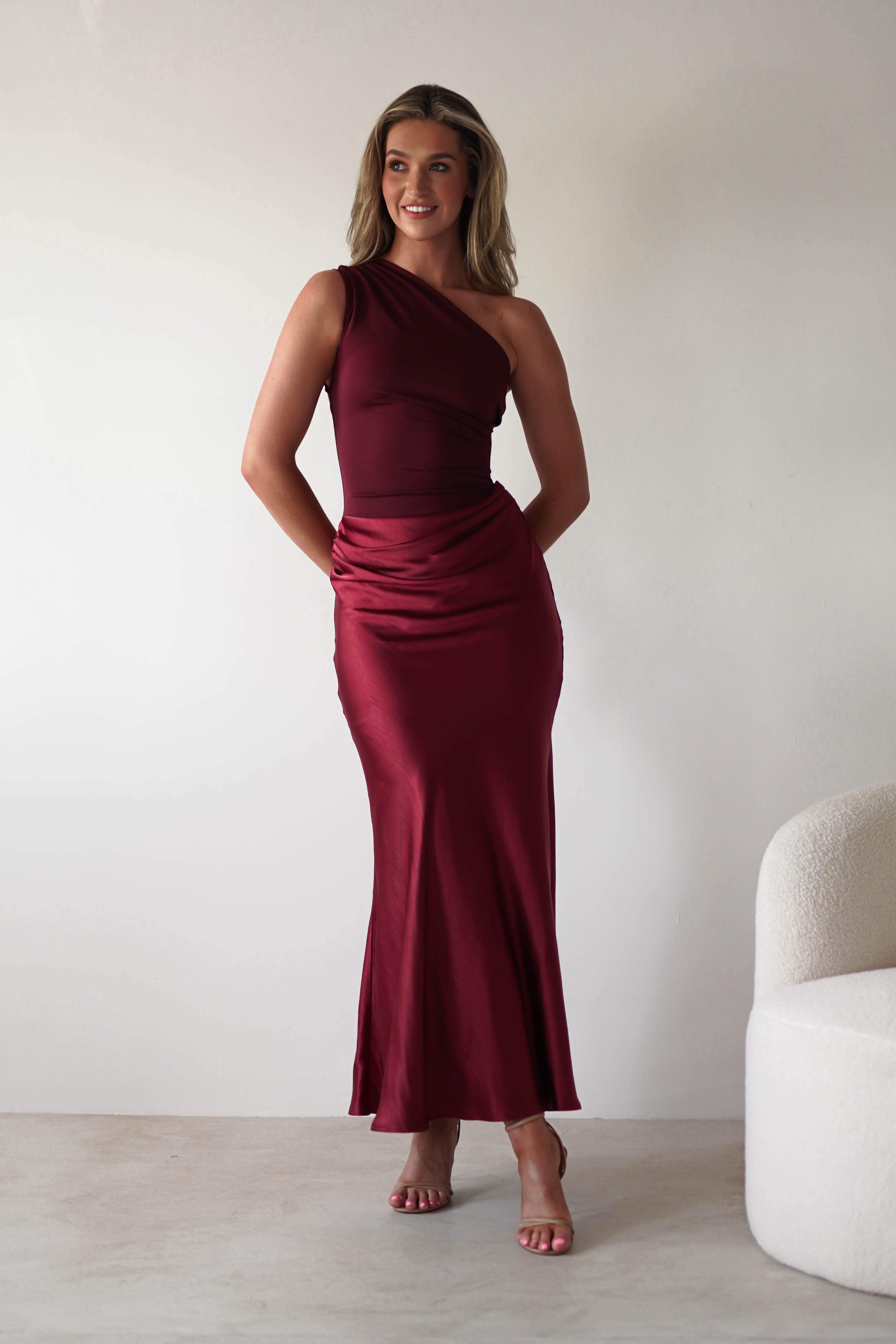 Kashia Draped Satin Maxi Dress Wine | Wedding Guest Dress | Draped Skirt | Maxi | Oh Hello Clothing