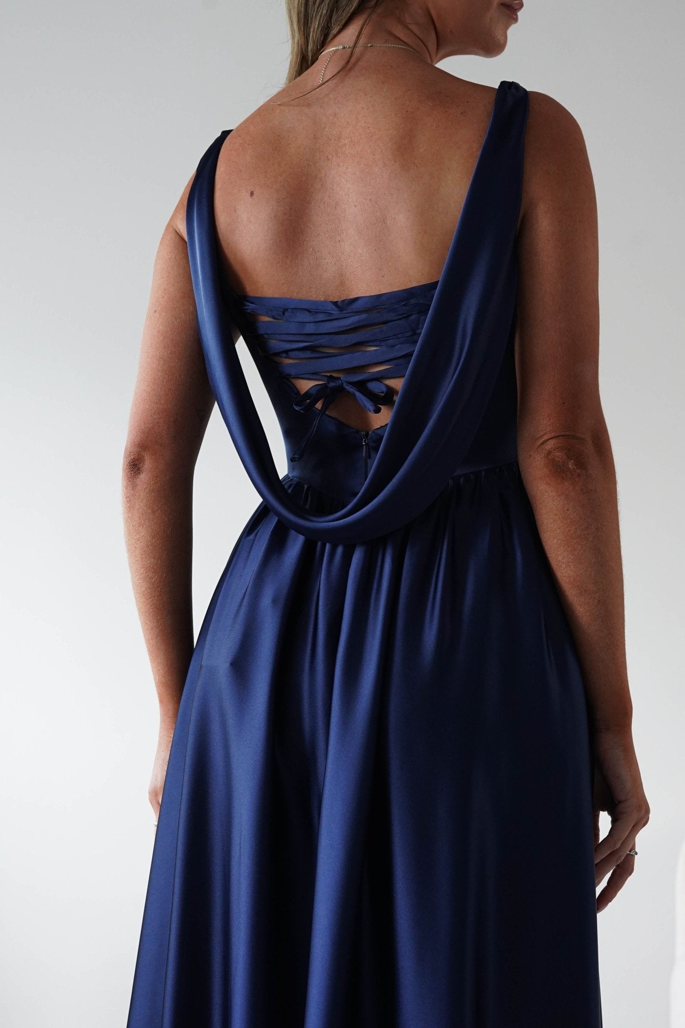 Katalia Cowl Nack Satin Gown | Royal Blue | Debs & Prom | Formal Gown | Oh Hello Clothing