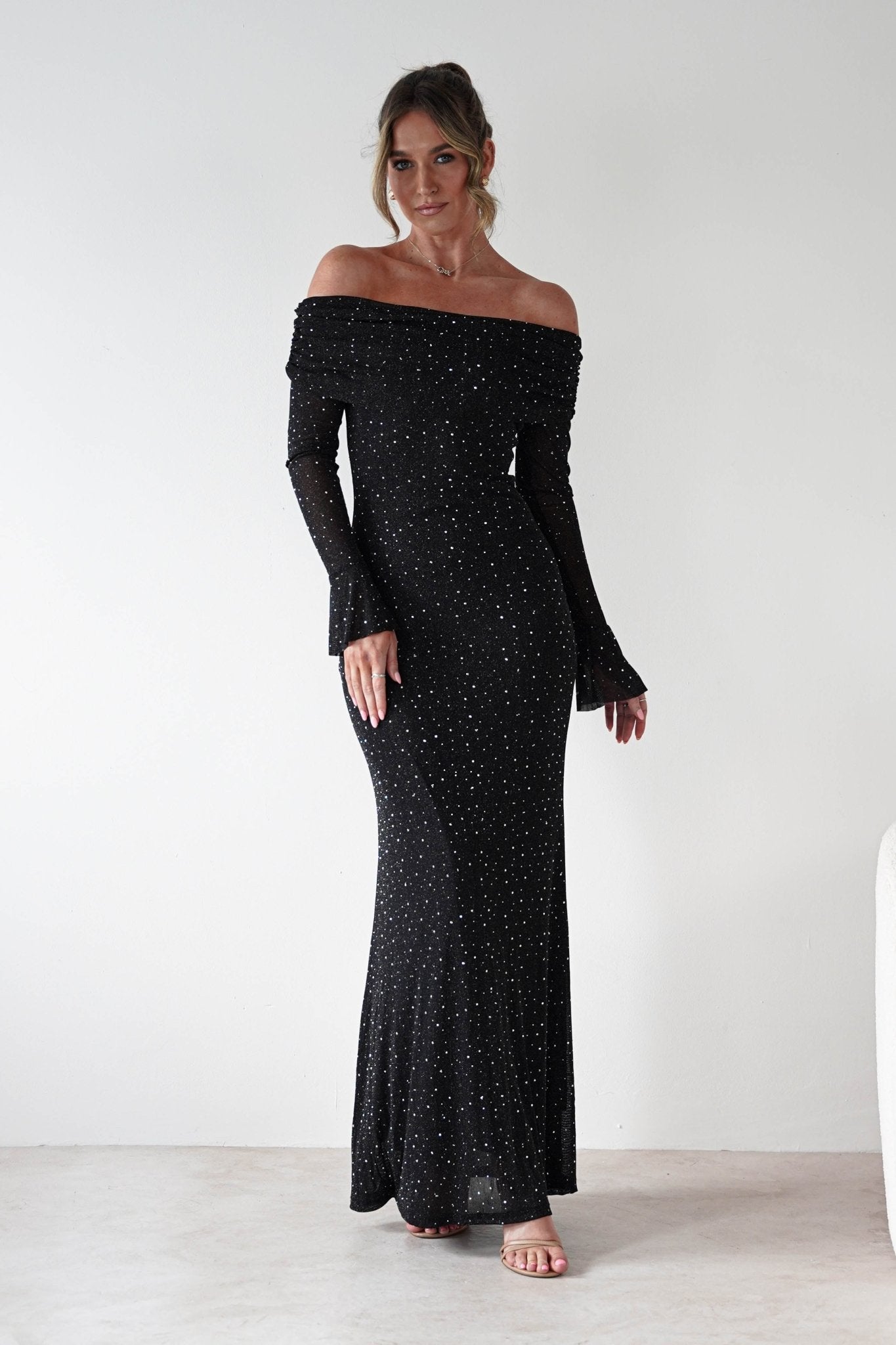 Katalina Sparkling Rhinestone Maxi Dress Black | Wedding Guest Dress | One Shoulder | Maxi | Oh Hello Clothing