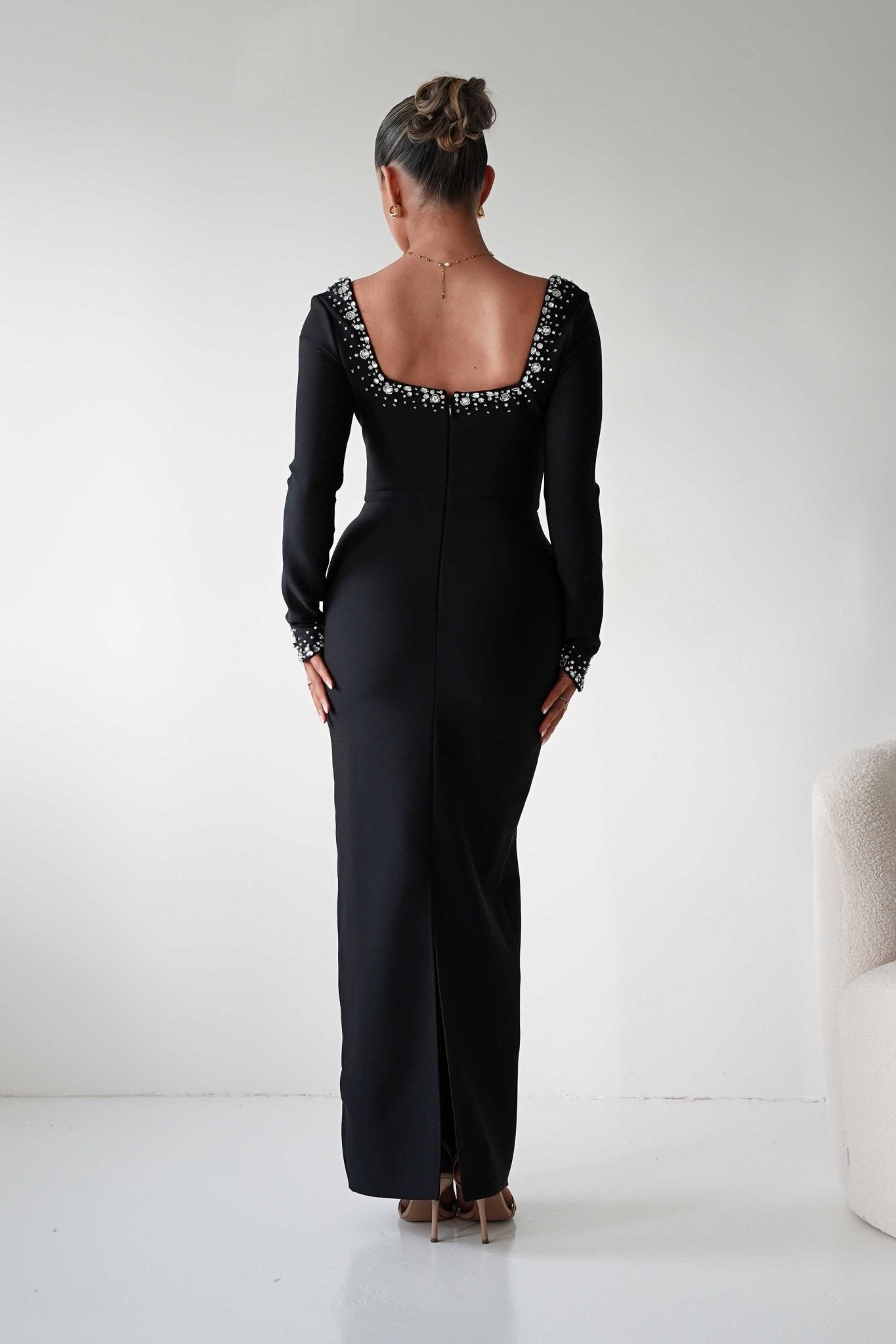 Oh Hello Clothing Dresses 1*DONE - F&P -618028- Black Embellished Square Neck Long Sleeve Midi Dress