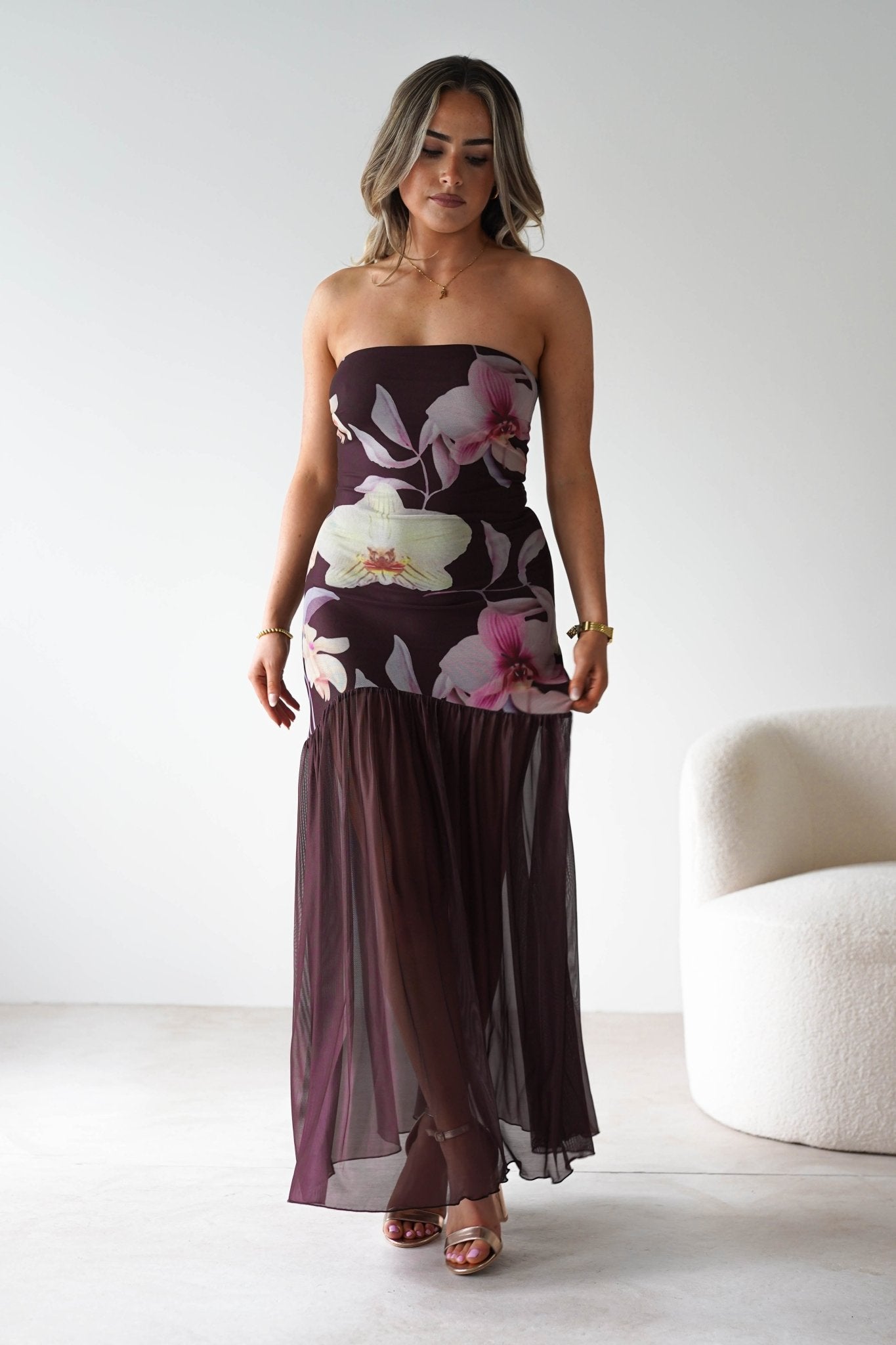 Khalani Strapless Midaxi Dress Brown Floral | Wedding Guest Dress | Oh Hello Clothing
