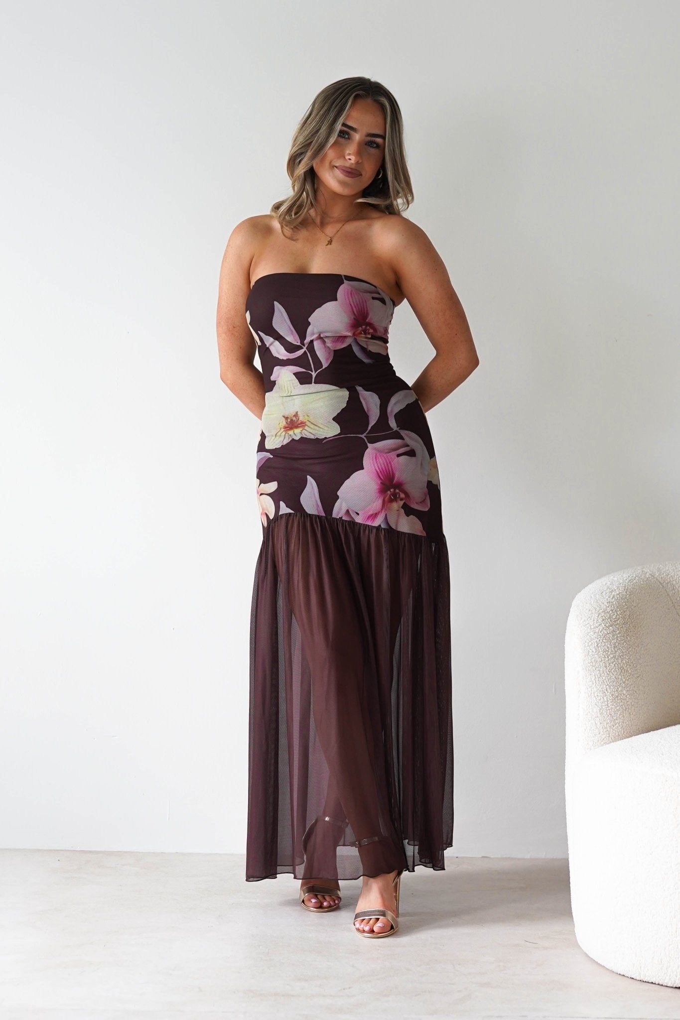 Khalani Strapless Midaxi Dress Brown Floral | Wedding Guest Dress | Oh Hello Clothing