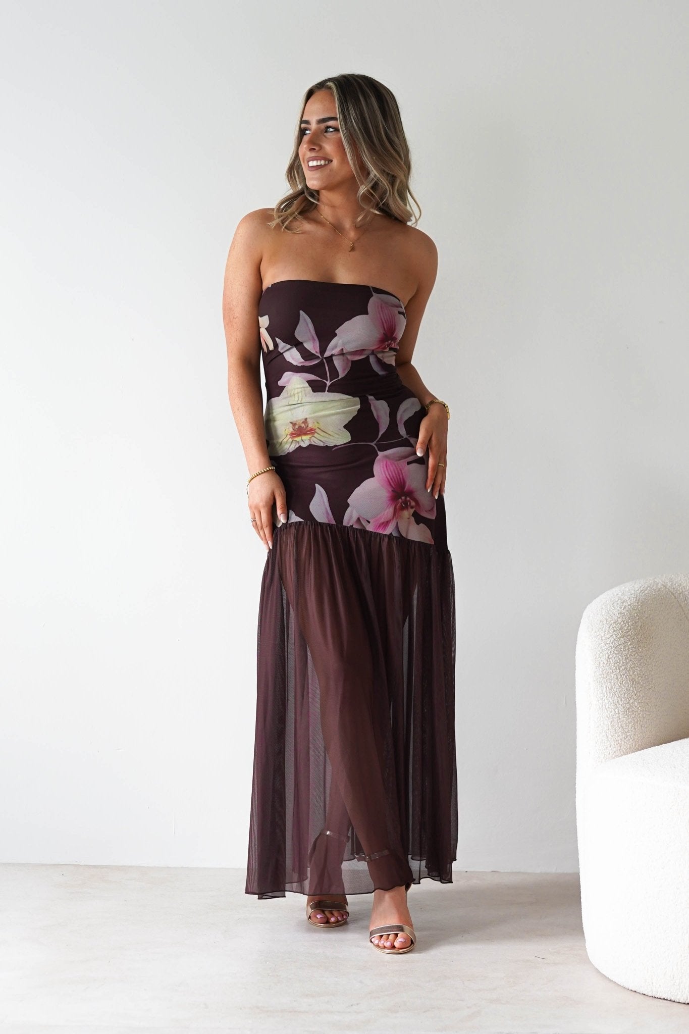 Khalani Strapless Midaxi Dress Brown Floral | Wedding Guest Dress | Oh Hello Clothing