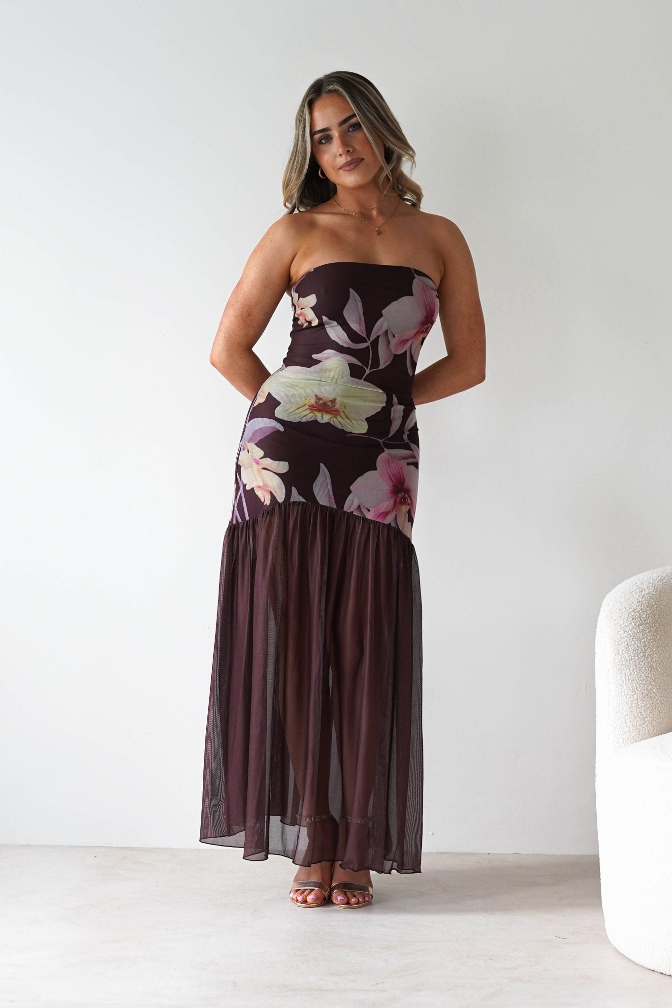 Khalani Strapless Midaxi Dress Brown Floral | Wedding Guest Dress | Oh Hello Clothing