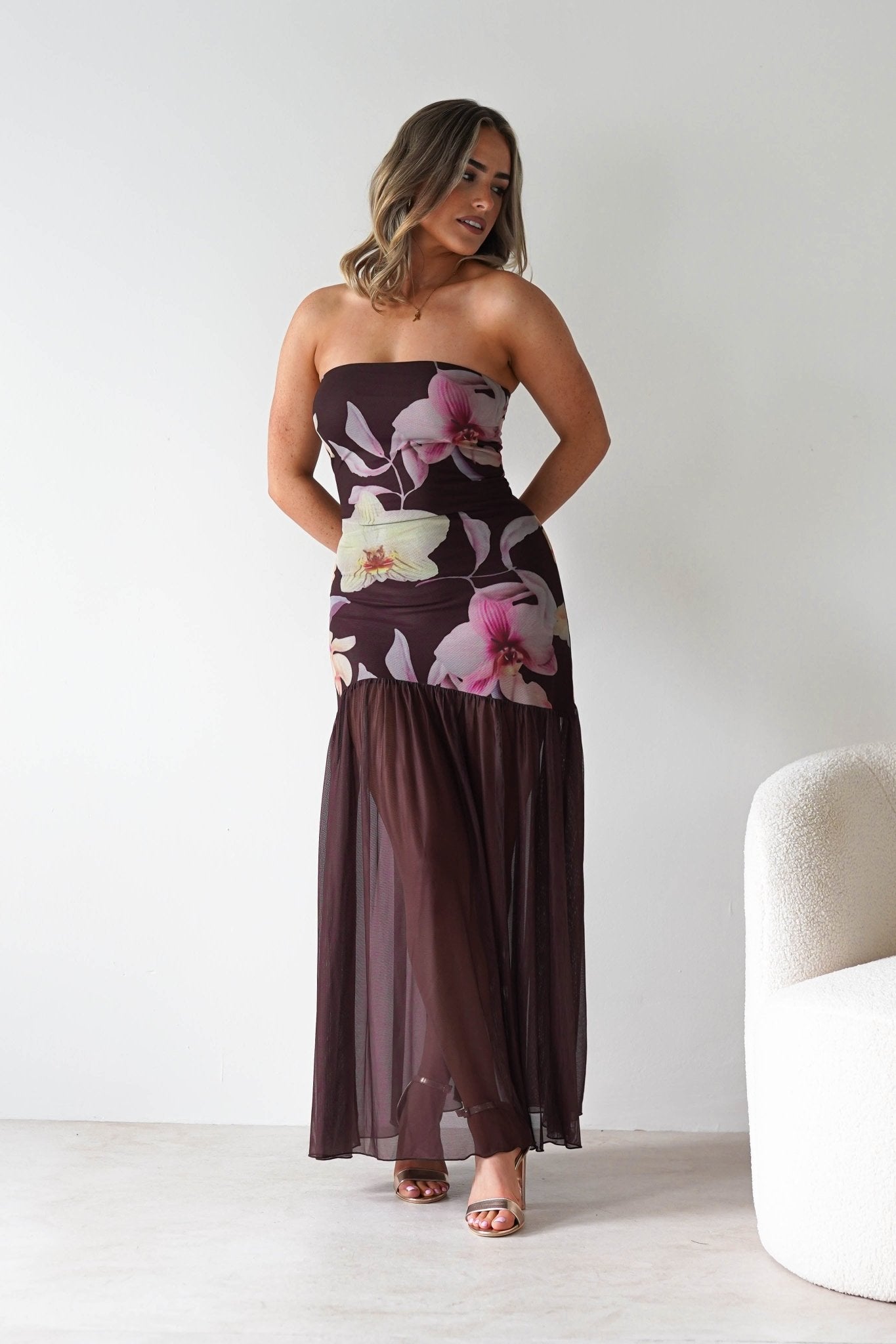 Khalani Strapless Midaxi Dress Brown Floral | Wedding Guest Dress | Oh Hello Clothing
