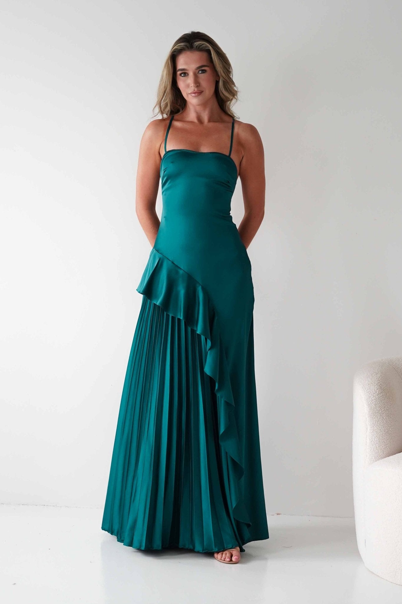Krishna Satin Pleated Maxi Dresses | Emerald Green | Formal | Oh Hello Clothing