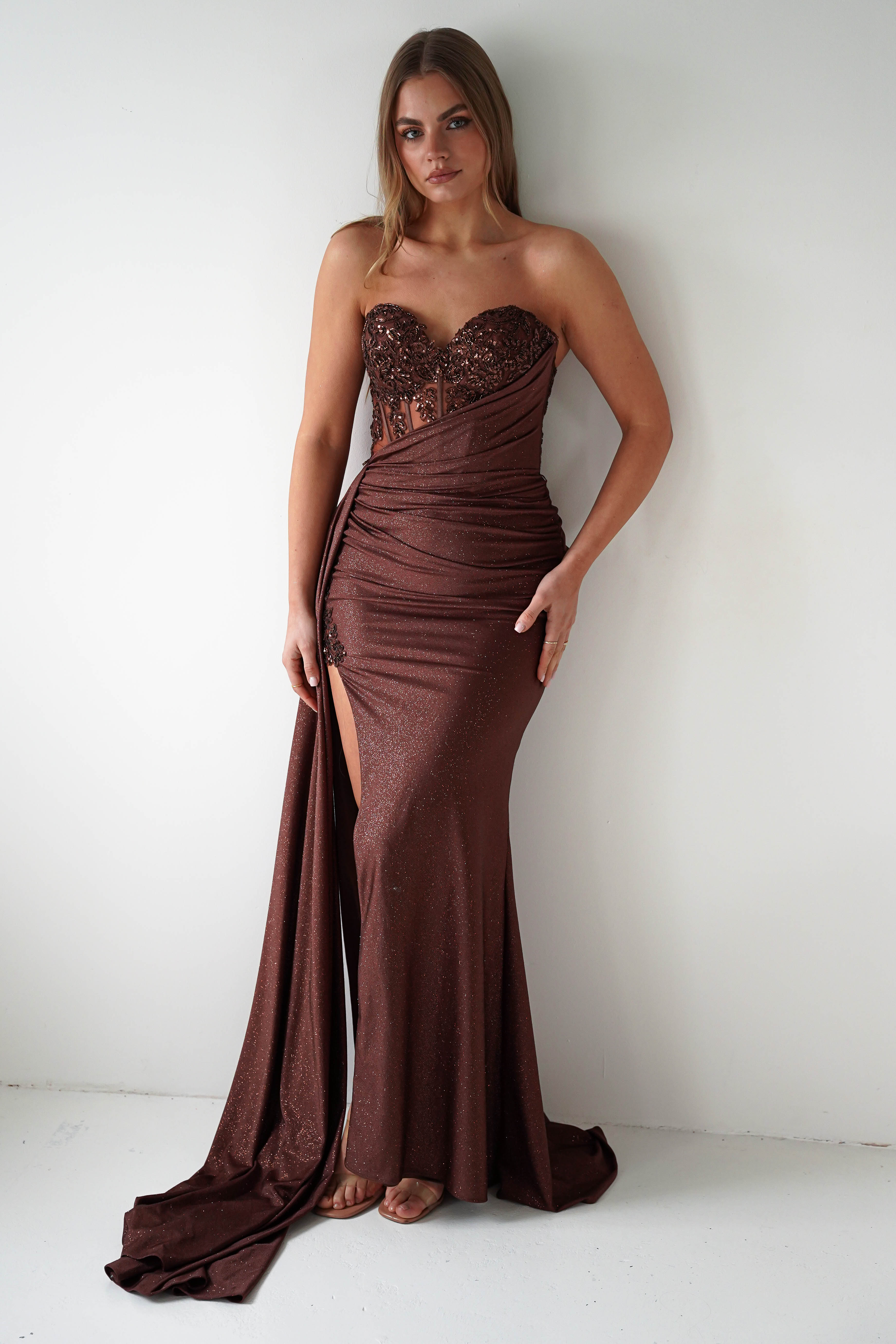 Oh Hello Clothing Dresses > Prom Dresses Lavelle Glitter Bodycon Gown | Brown