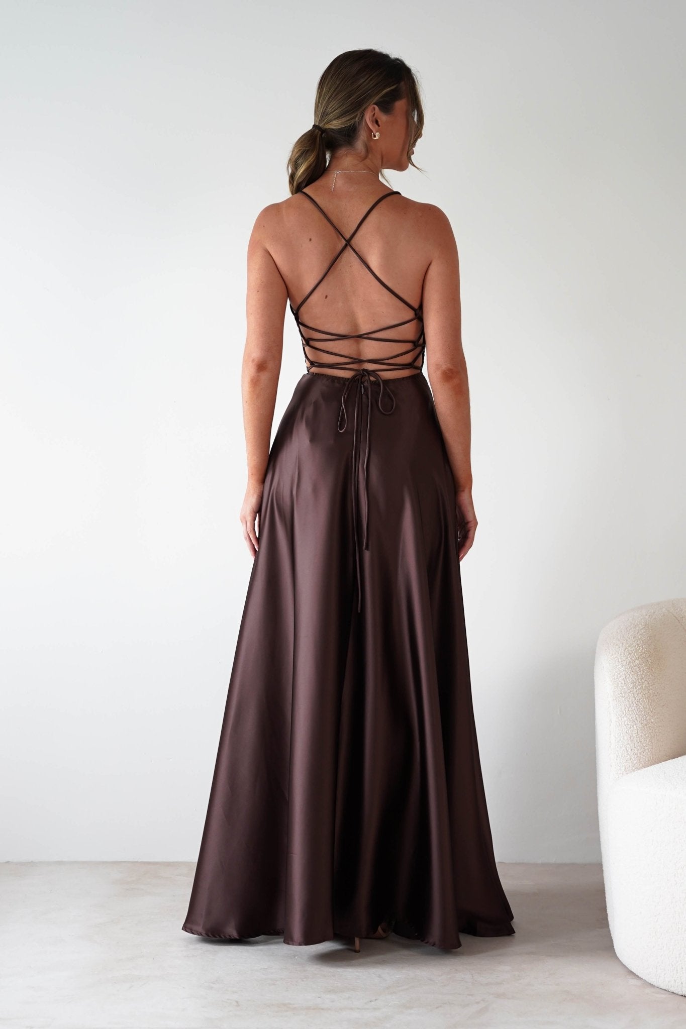 Leelie Silky Satin Maxi Gown | Brown | Debs & Prom | Formal Gown | Oh Hello Clothing
