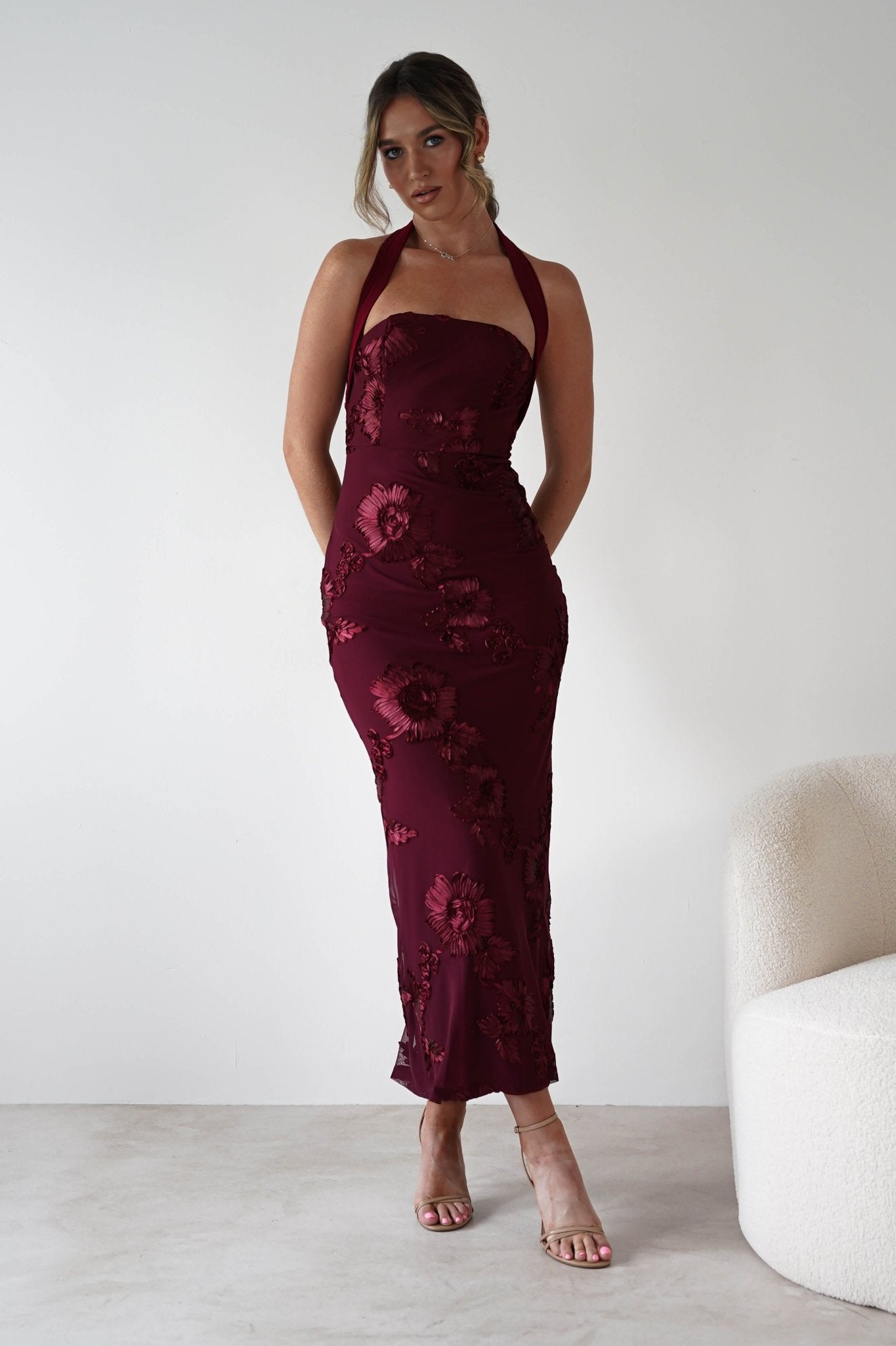 Lilani Textured Midaxi Dress Wine | Wedding Guest Dress | Oh Hello Clothing