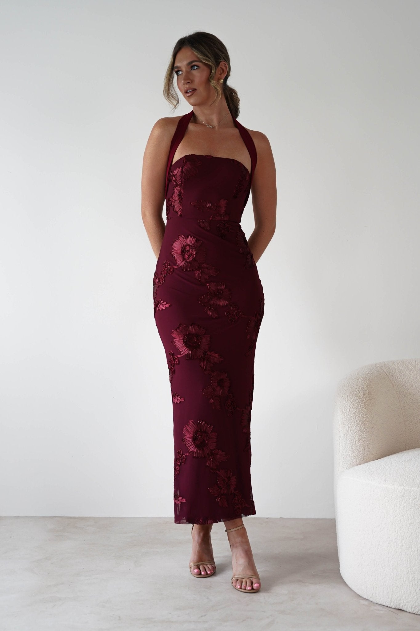 Lilani Textured Midaxi Dress Wine | Wedding Guest Dress | Oh Hello Clothing