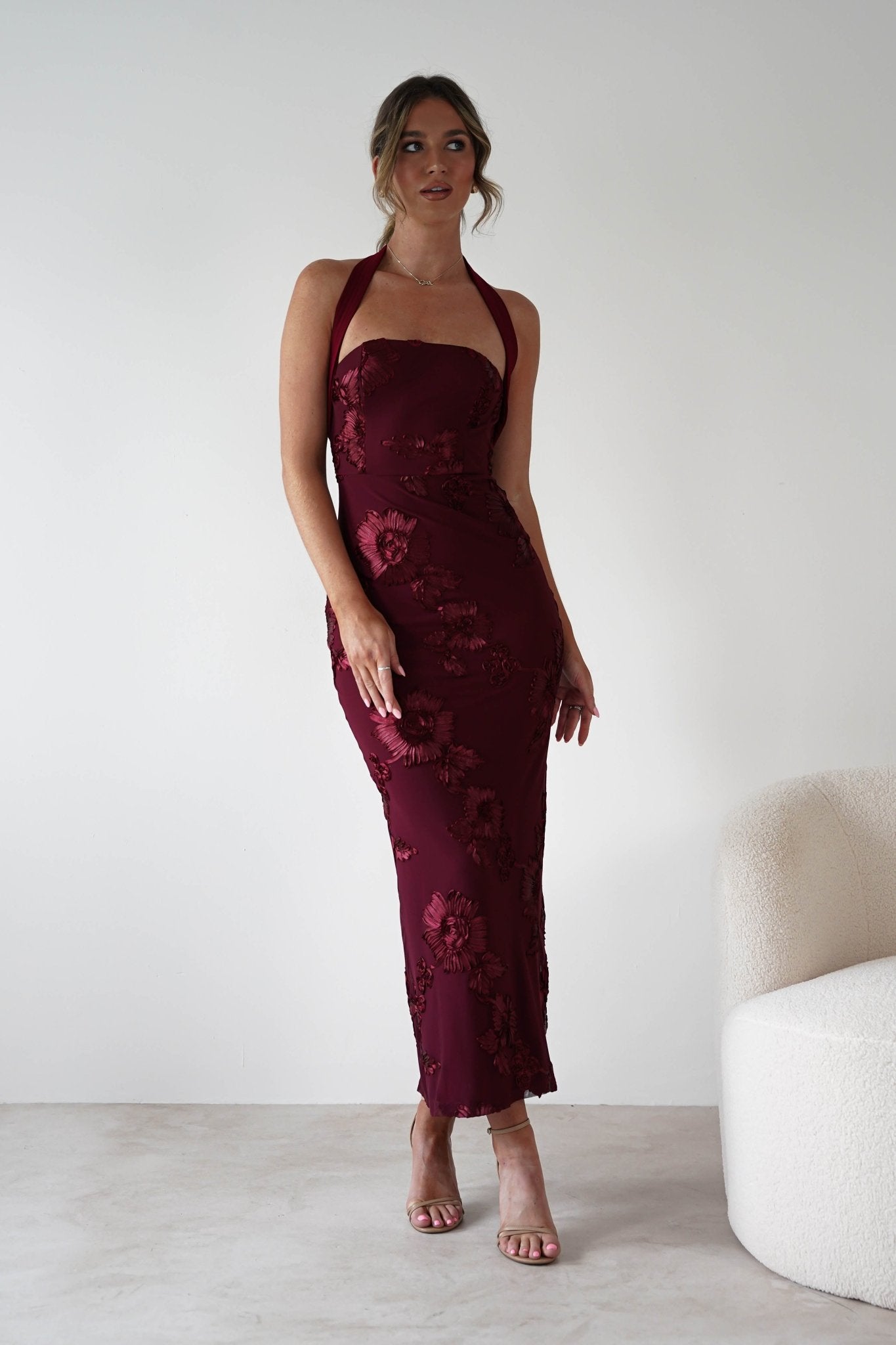 Lilani Textured Midaxi Dress Wine | Wedding Guest Dress | Oh Hello Clothing