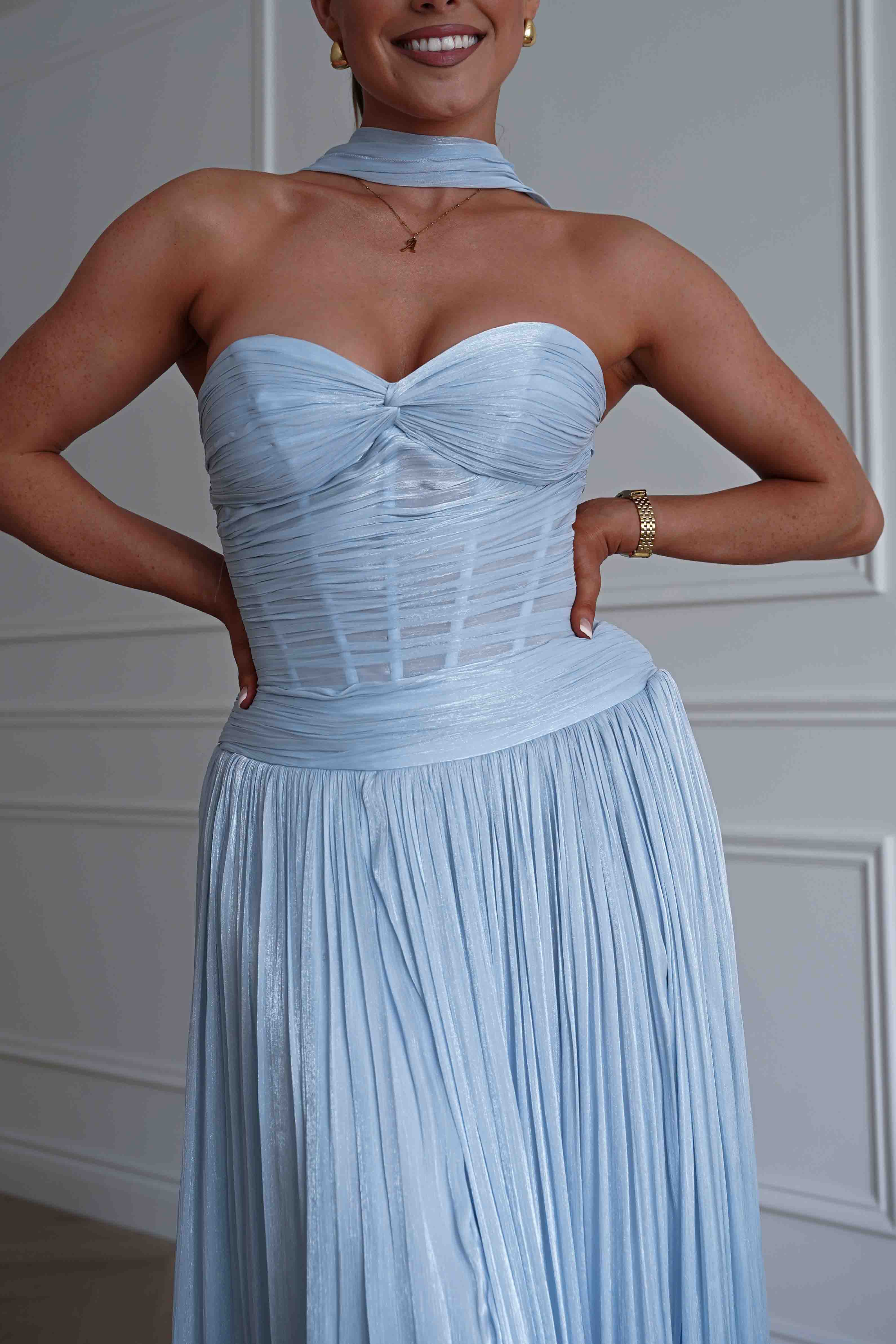 Oh Hello Clothing Dresses > Prom Dresses Longoria Pleated Luminescent Maxi Gown | Blue