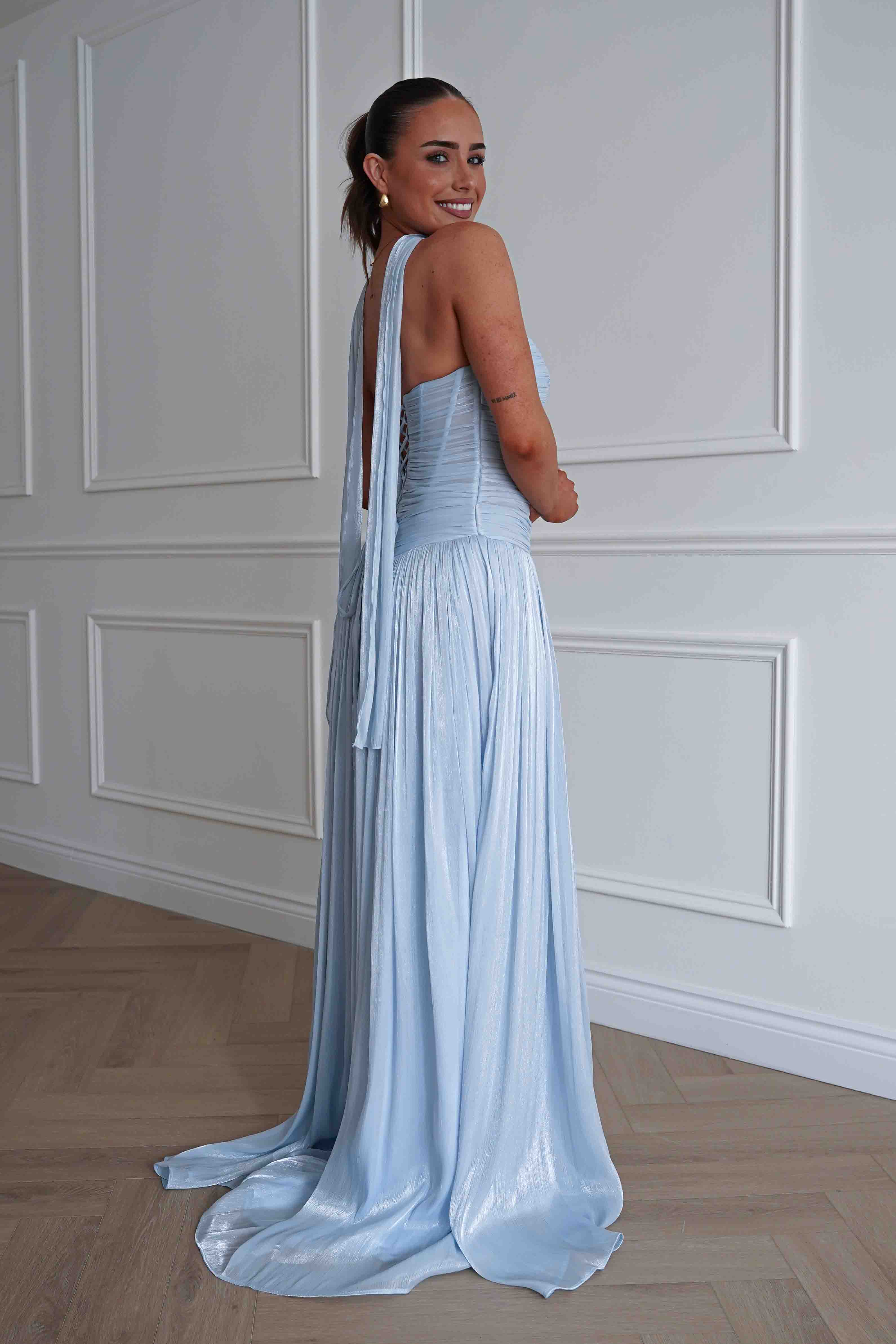 Oh Hello Clothing Dresses > Prom Dresses Longoria Pleated Luminescent Maxi Gown | Blue