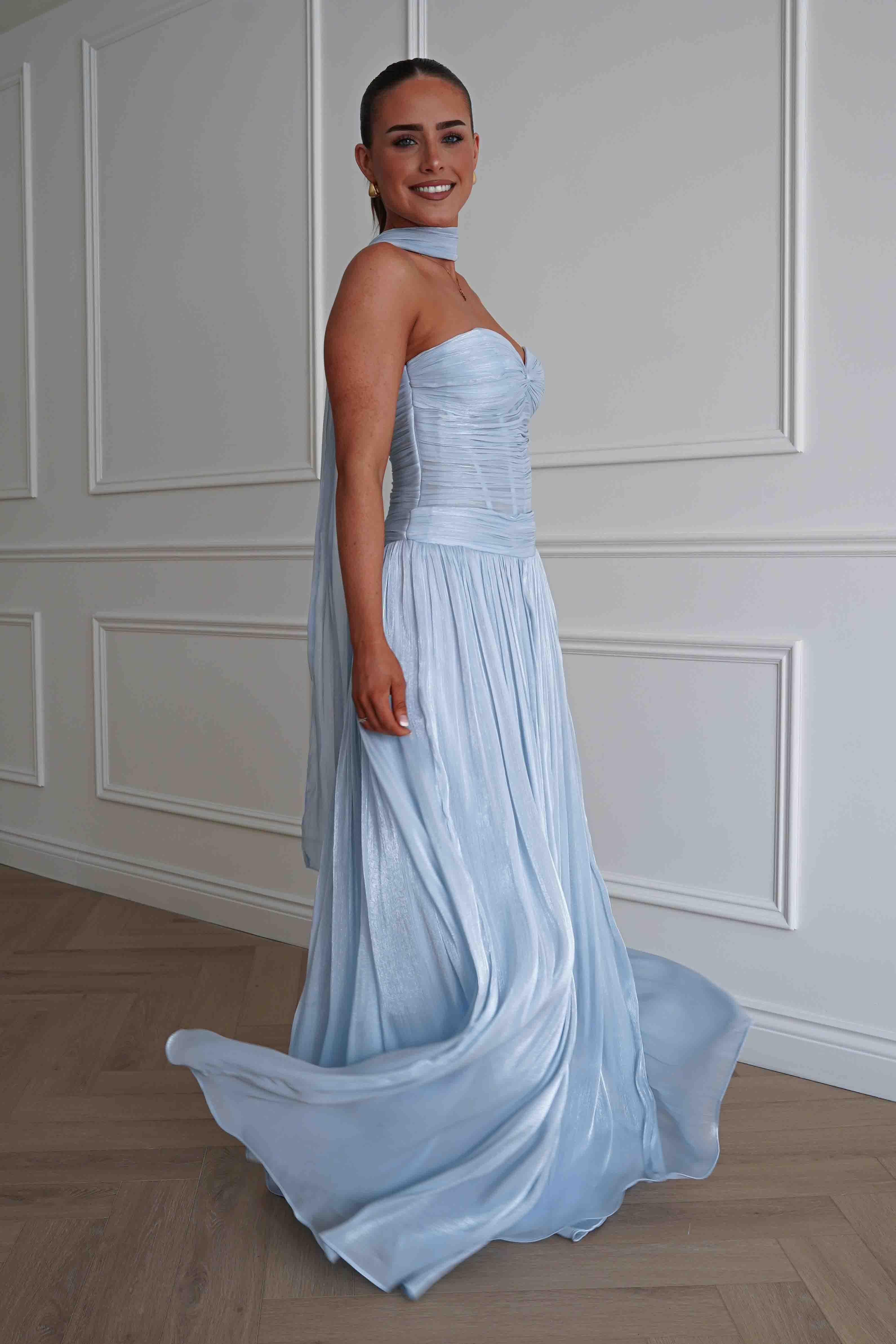 Oh Hello Clothing Dresses > Prom Dresses Longoria Pleated Luminescent Maxi Gown | Blue