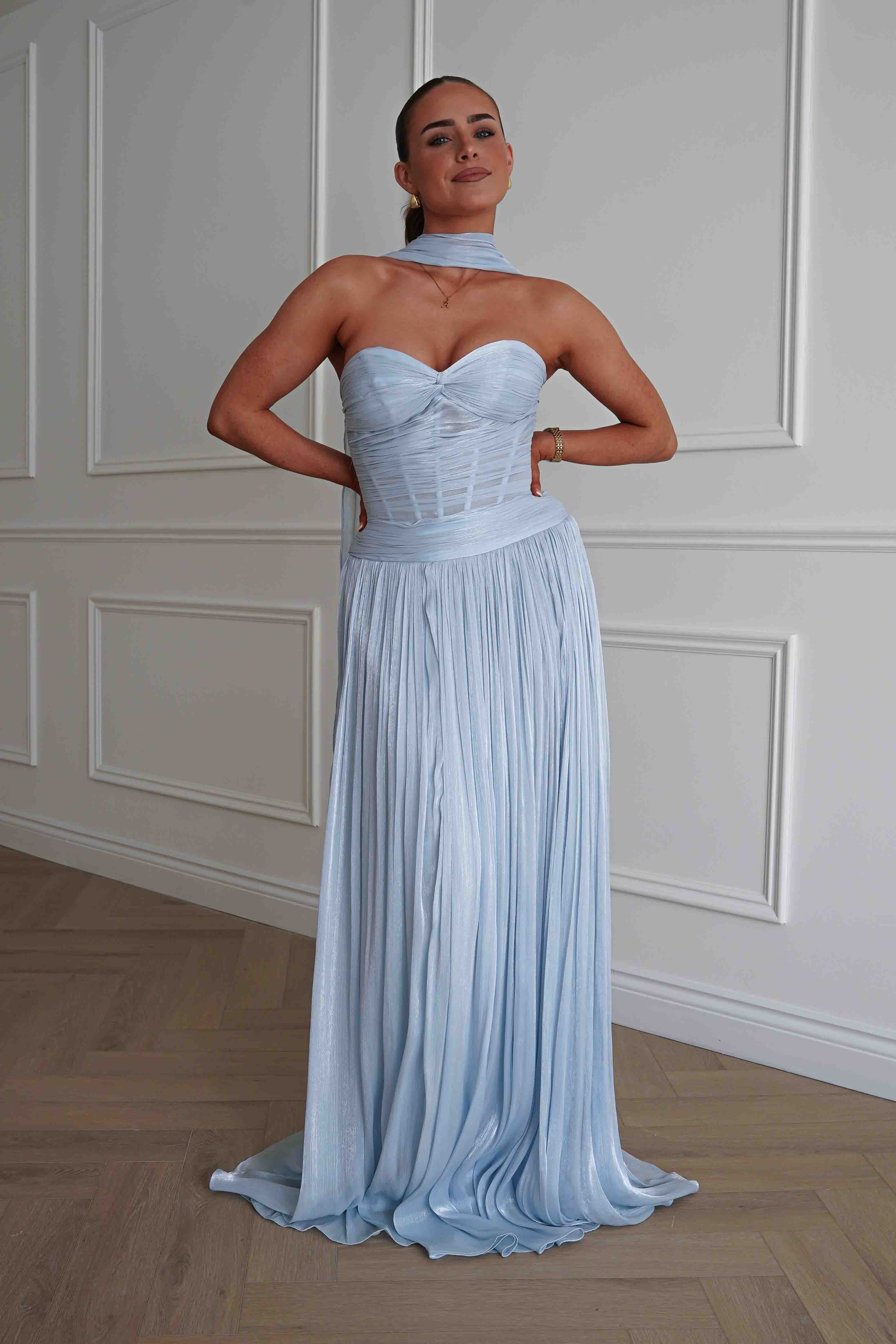 Oh Hello Clothing Dresses > Prom Dresses Longoria Pleated Luminescent Maxi Gown | Blue