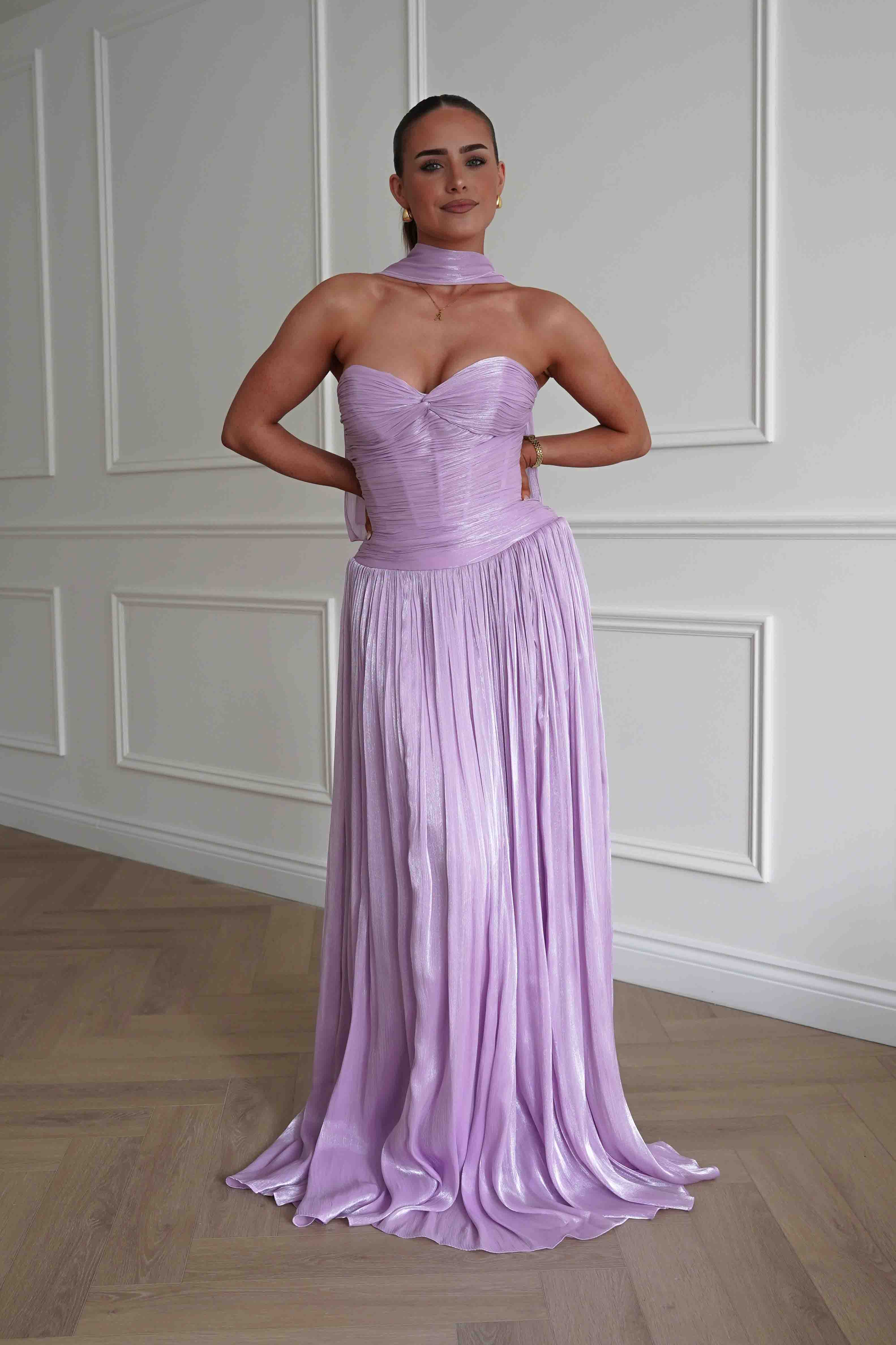 Oh Hello Clothing Dresses > Prom Dresses Longoria Pleated Luminescent Maxi Gown | Lavender