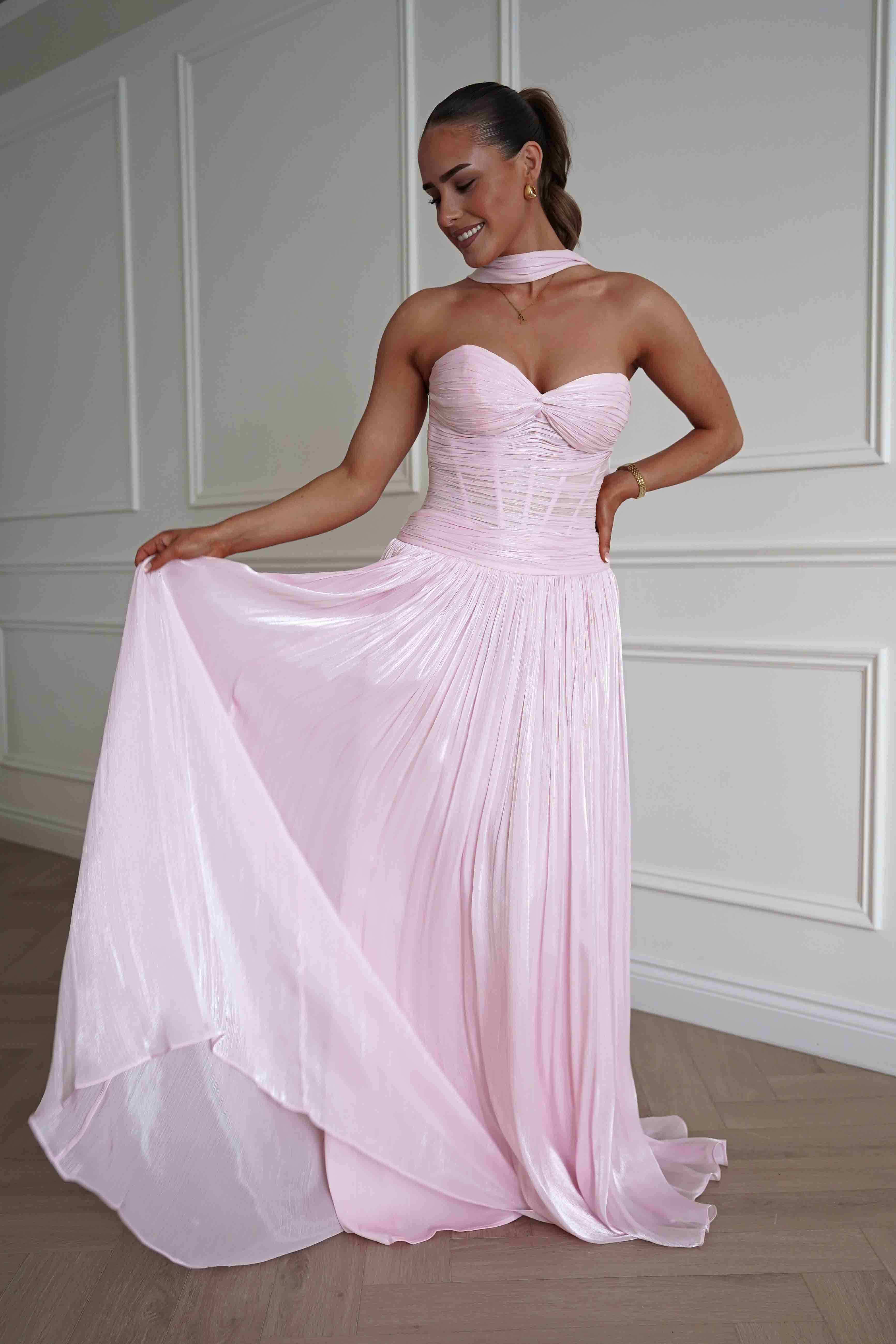 Oh Hello Clothing Dresses > Prom Dresses Longoria Pleated Luminescent Maxi Gown | Pink