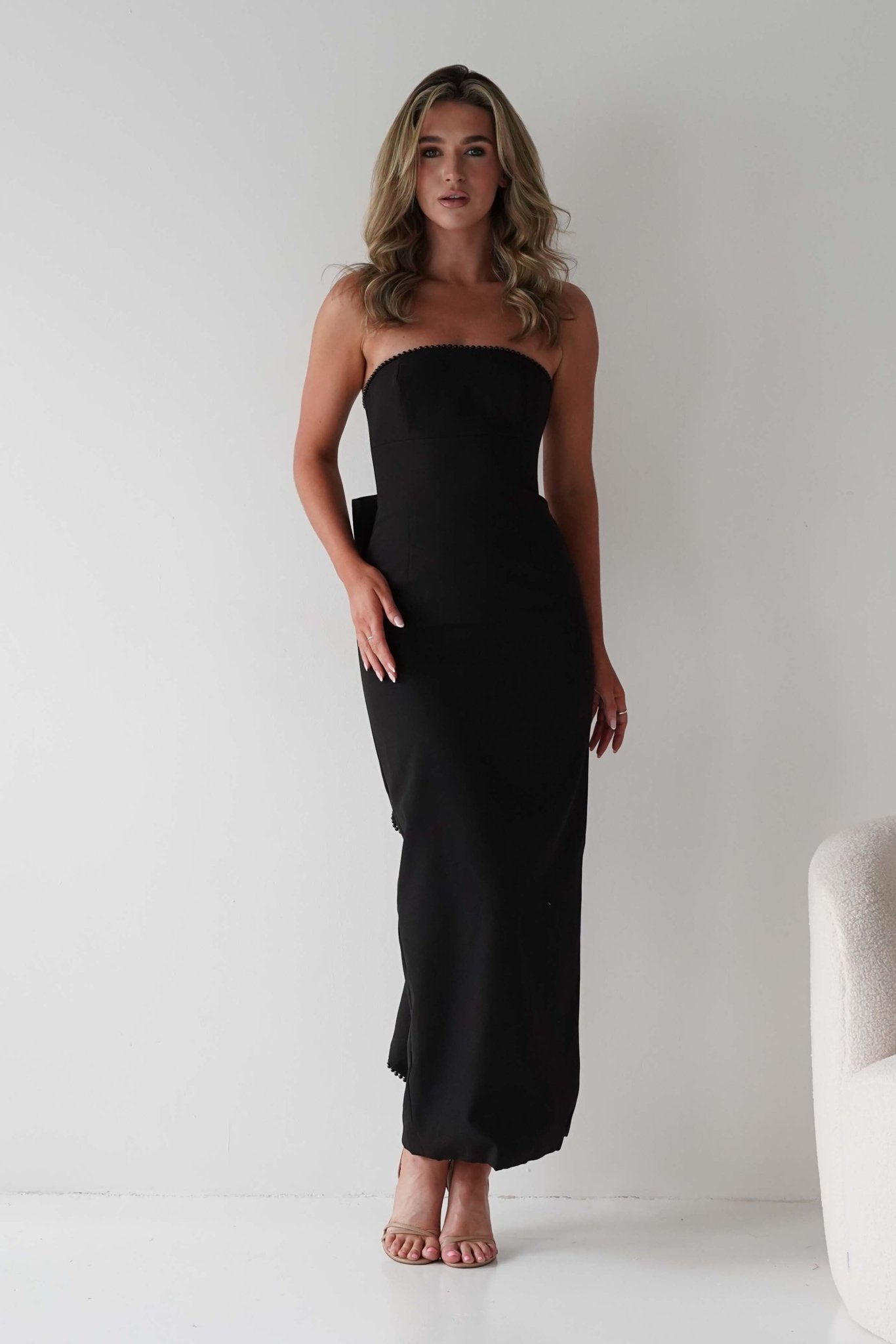 Louisiana Pearl Bow Strapless Dress Black | Wedding Guest Dress | Oh Hello Clothing