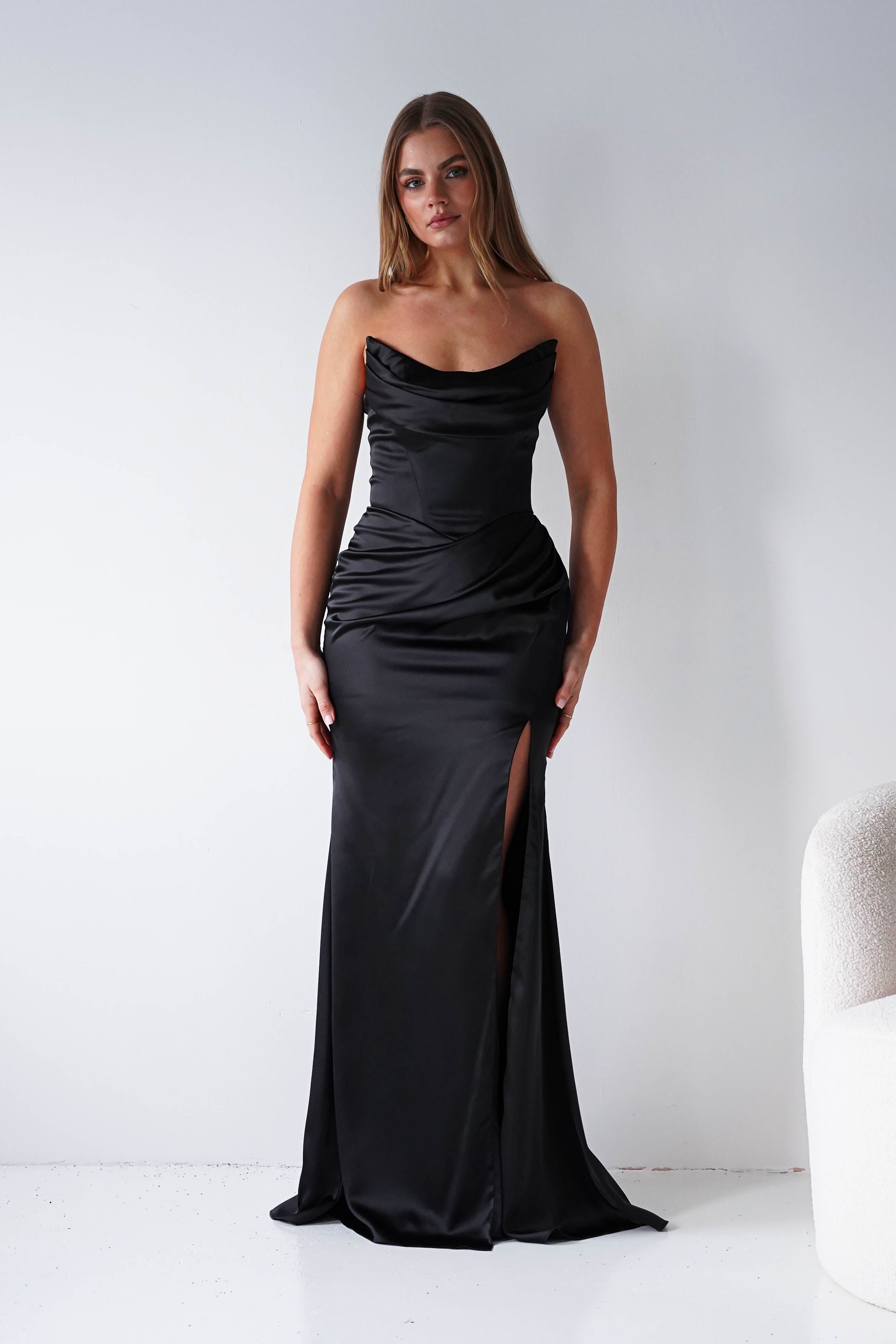 Oh Hello Clothing Dresses > Prom Dresses Lucienne Satin Strapless Maxi Dress | Black