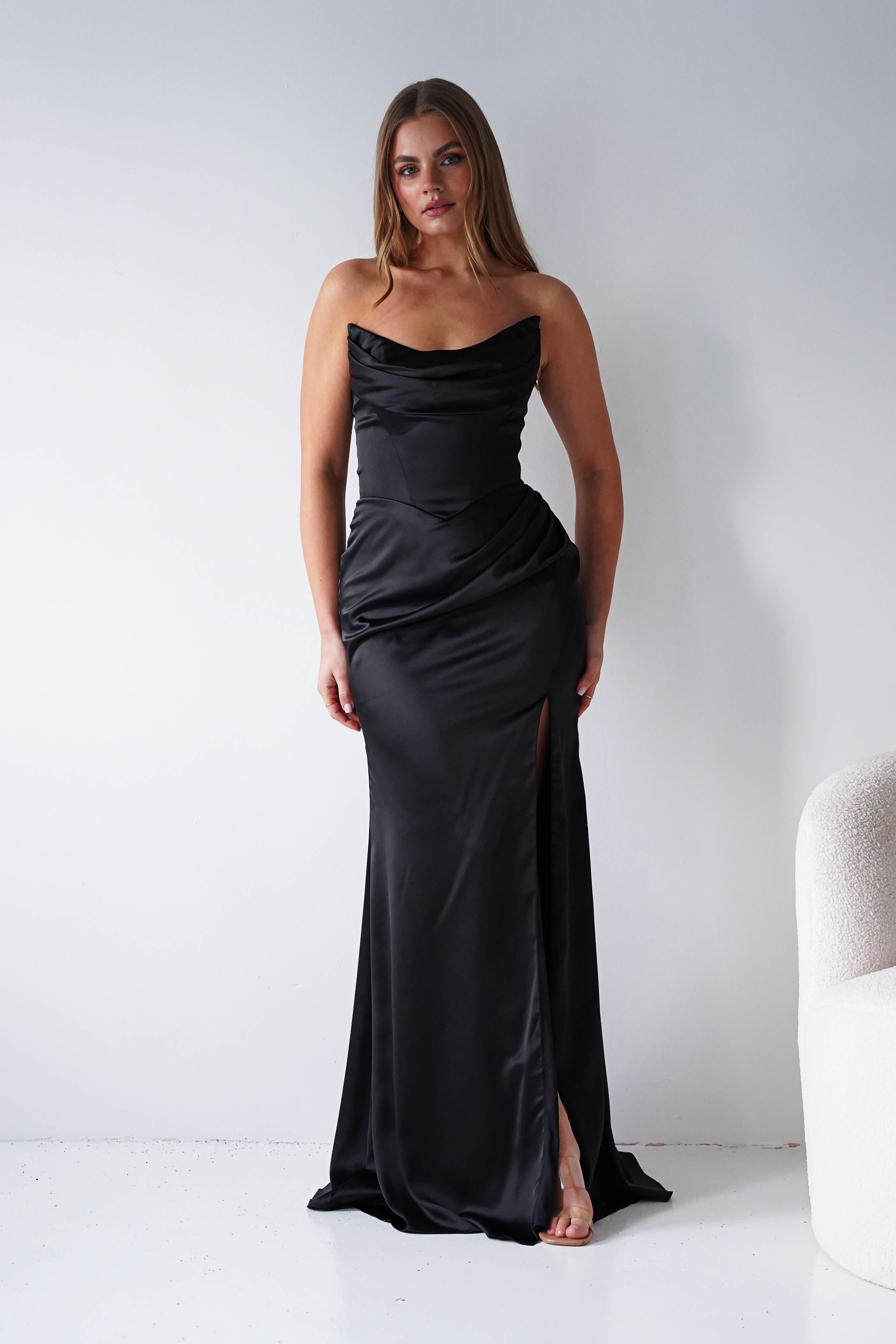 Oh Hello Clothing Dresses > Prom Dresses Lucienne Satin Strapless Maxi Dress | Black