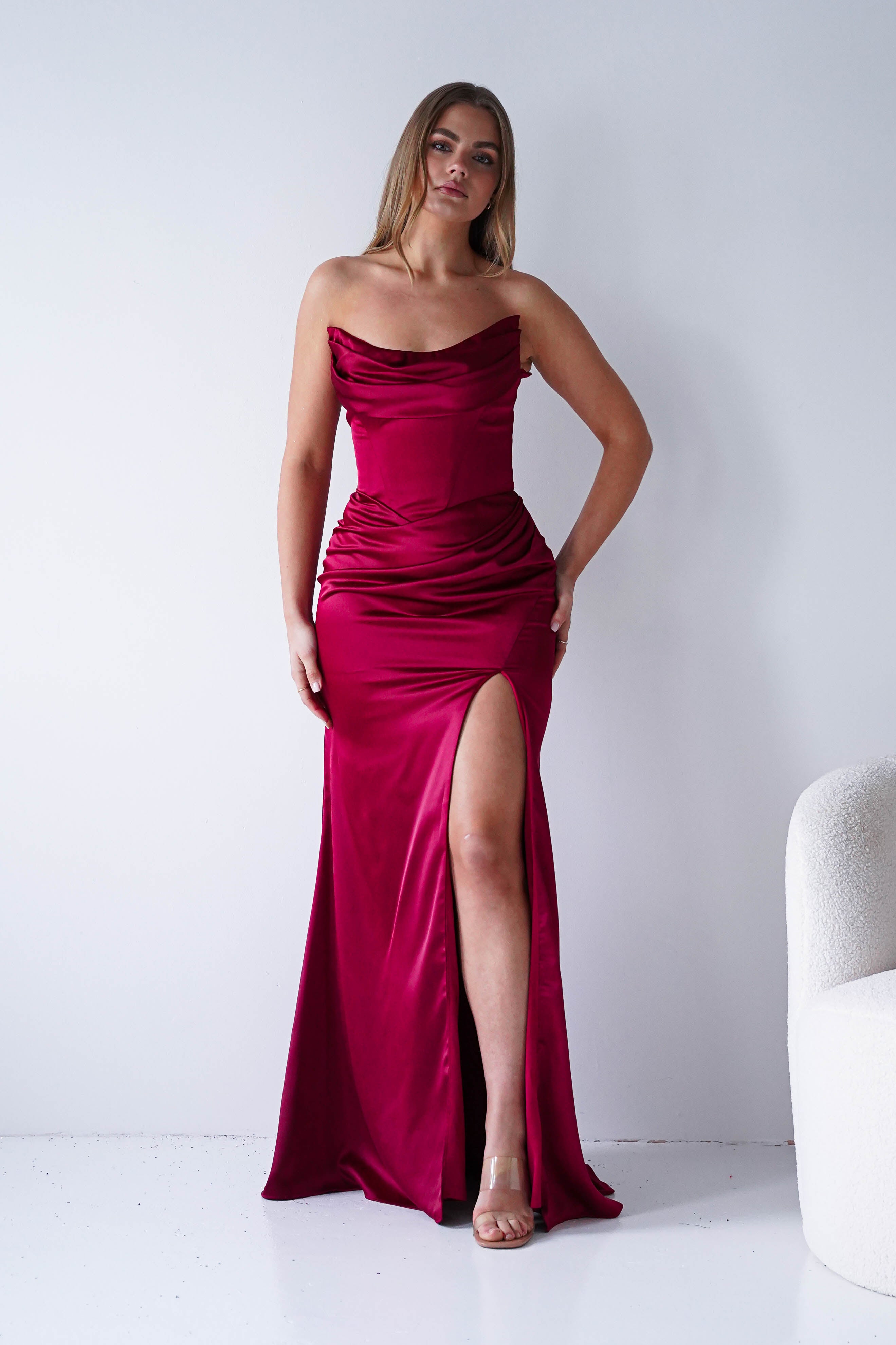 Oh Hello Clothing Dresses > Prom Dresses Lucienne Satin Strapless Maxi Dress | Deep Red