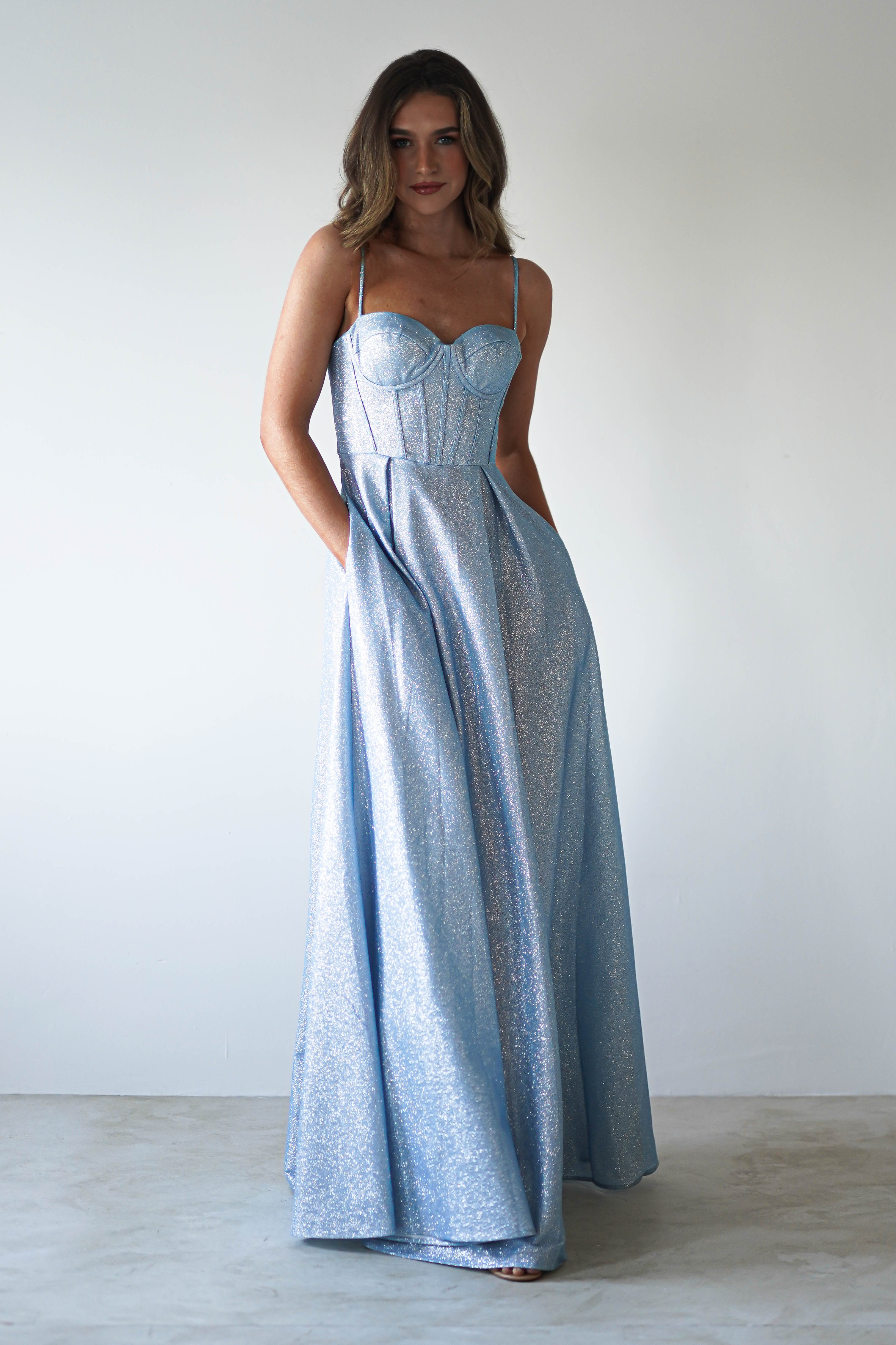 Luna Glitter Corset Aline Gown | Blue | Debs & Prom | Formal Gown | Oh Hello Clothing