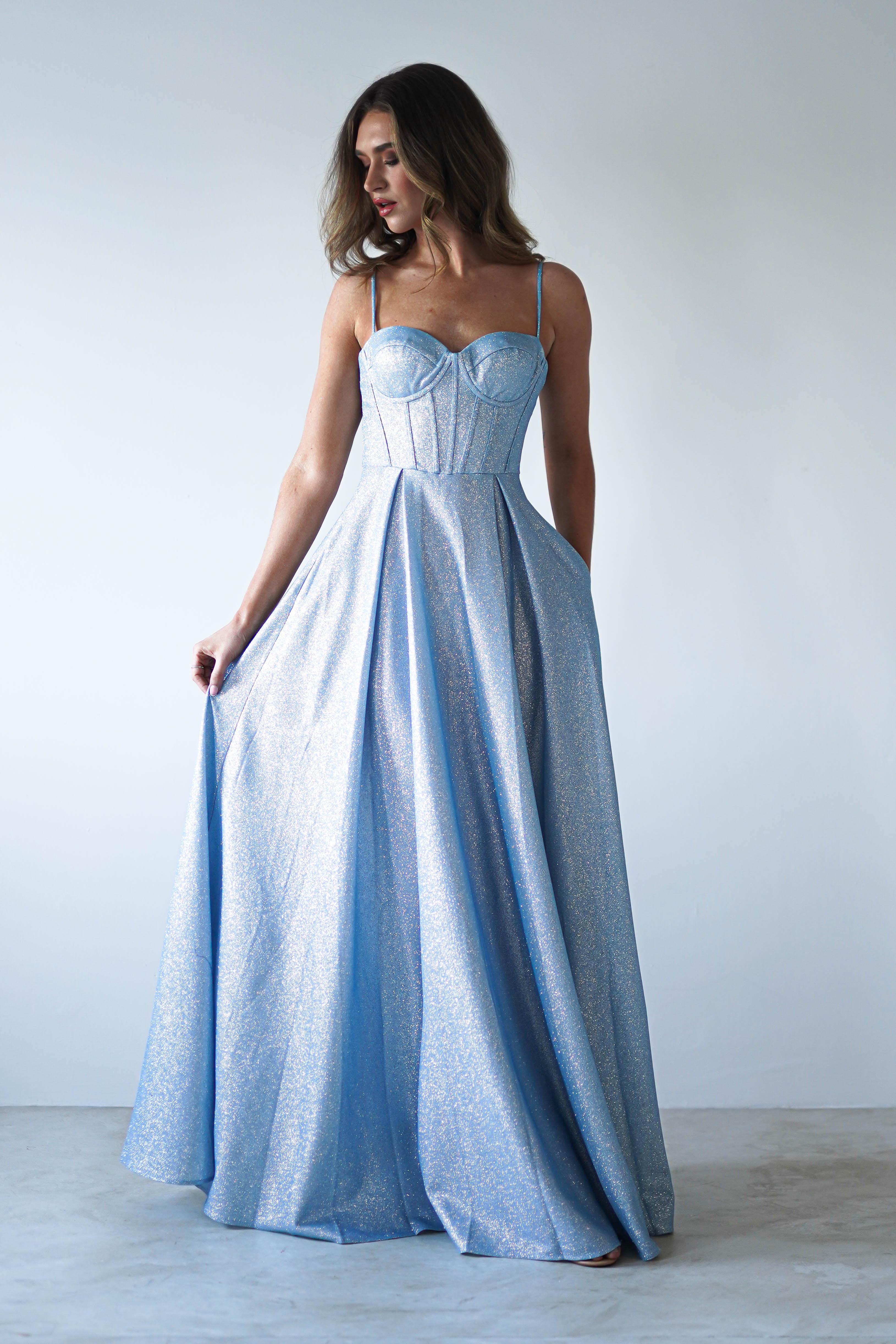 Luna Glitter Corset Aline Gown | Blue | Debs & Prom | Formal Gown | Oh Hello Clothing