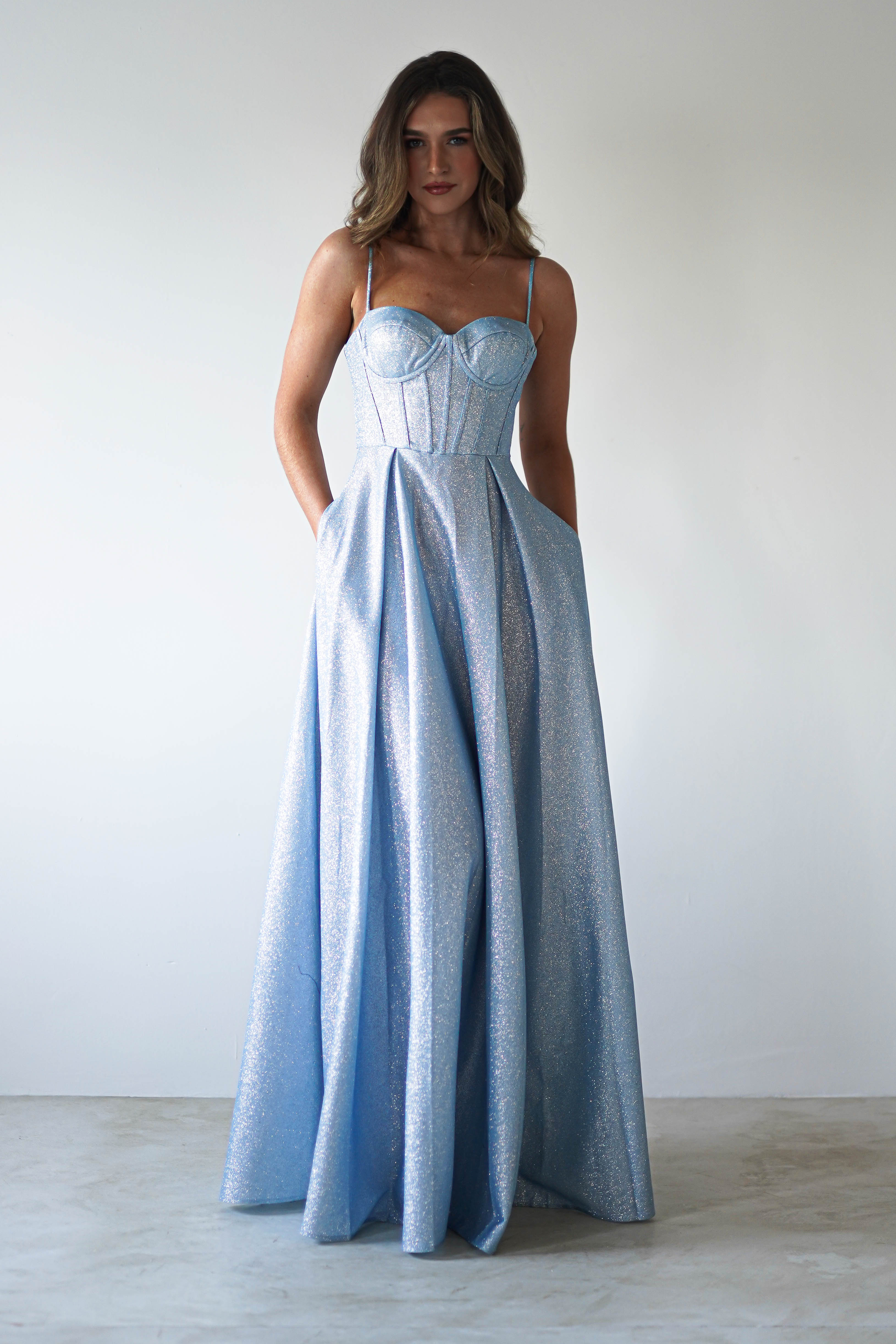 Luna Glitter Corset Aline Gown | Blue | Debs & Prom | Formal Gown | Oh Hello Clothing