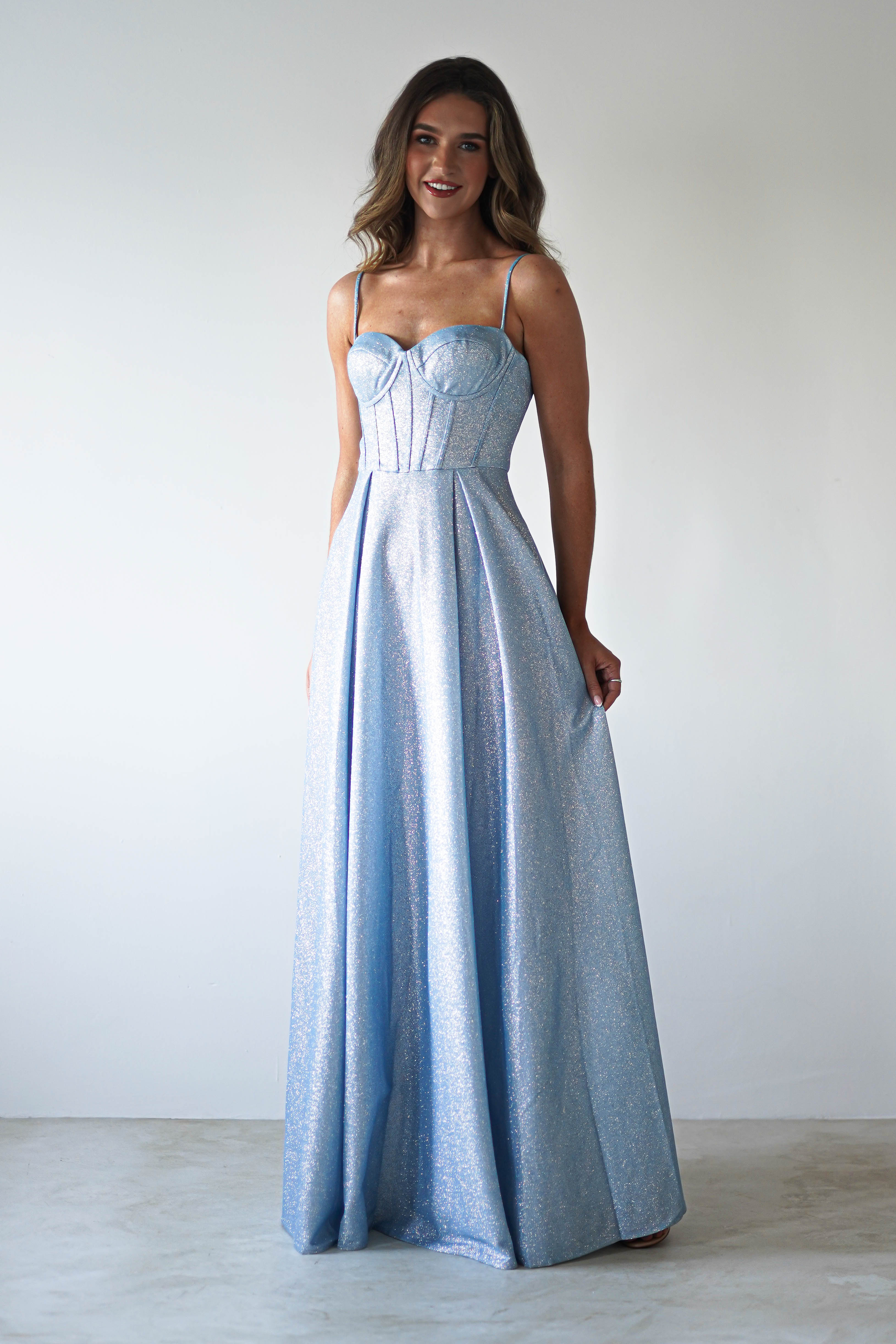Luna Glitter Corset Aline Gown | Blue | Debs & Prom | Formal Gown | Oh Hello Clothing