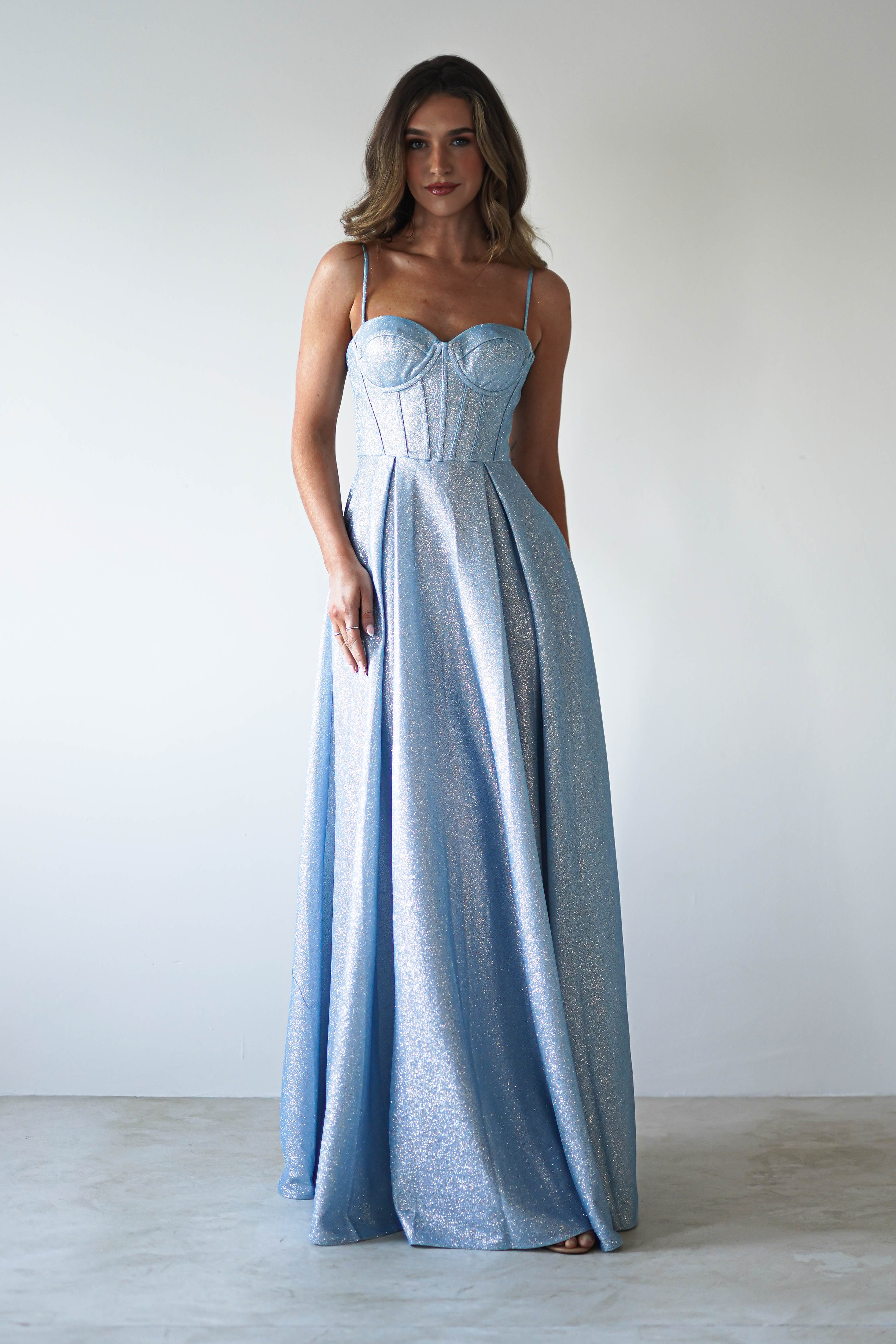 Luna Glitter Corset Aline Gown | Blue | Debs & Prom | Formal Gown | Oh Hello Clothing